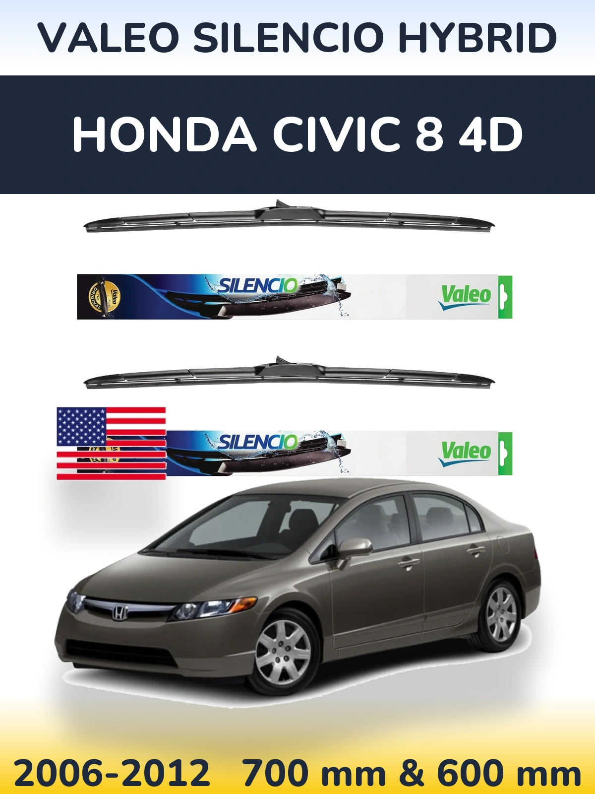 Sada předních stěračů Valeo Silencio Hybrid 700 a 600 mm pro Honda Civic 8 4D 2006-2012