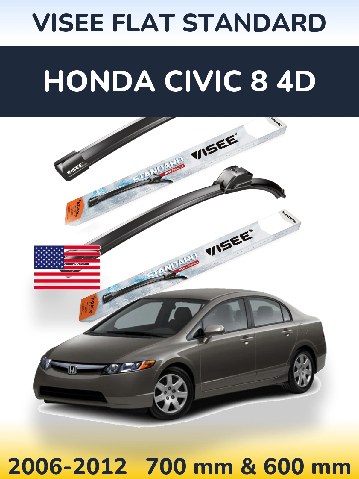 Sada předních stěračů VISEE FLAT STANDARD 700 a 600 mm pro Honda Civic 8 4D 2006-2012