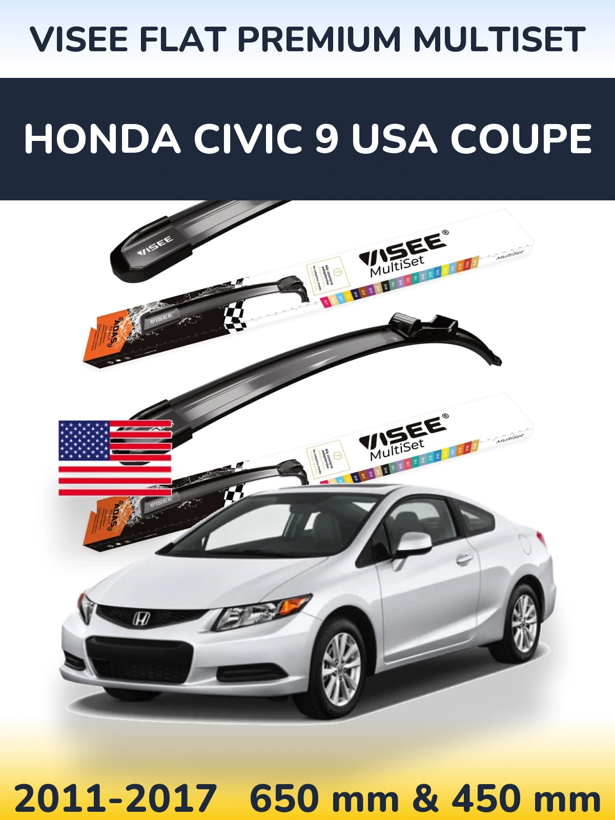 Sada předních stěračů VISEE FLAT PREMIUM MultiSet 650 a 450 mm pro Honda Civic 9 USA coupe 2011-2017