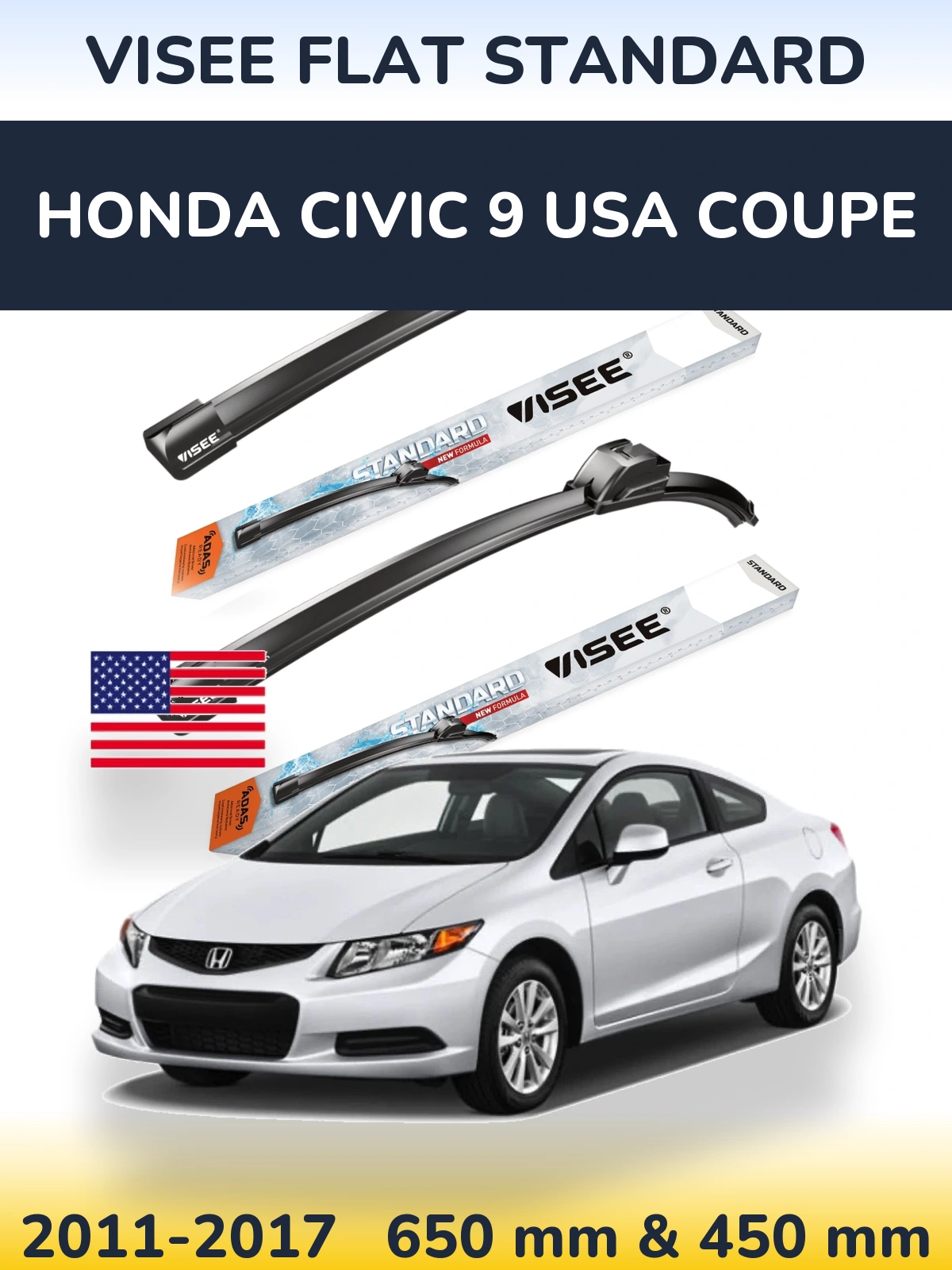 Sada předních stěračů VISEE FLAT STANDARD 650 a 450 mm pro Honda Civic 9 USA coupe 2011-2017
