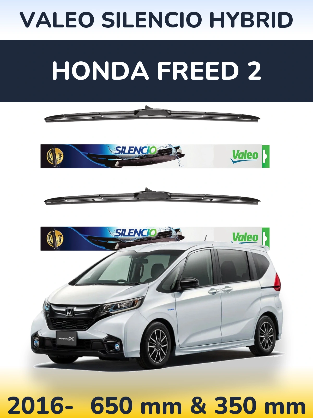 Sada předních stěračů Valeo Silencio Hybrid 650 a 350 mm pro Honda Freed 2 2016-2026