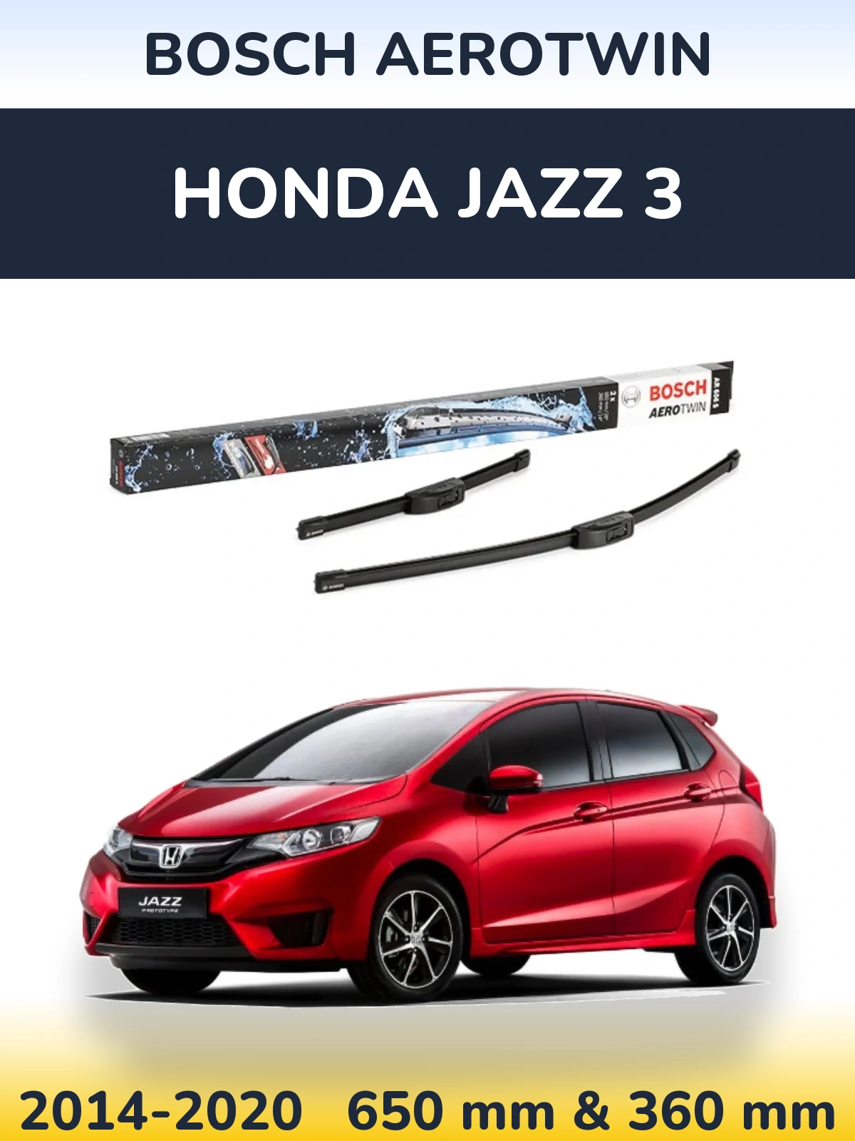 Sada předních stěračů BOSCH AeroTwin 650 a 360 mm pro Honda Jazz 3 2014-2020