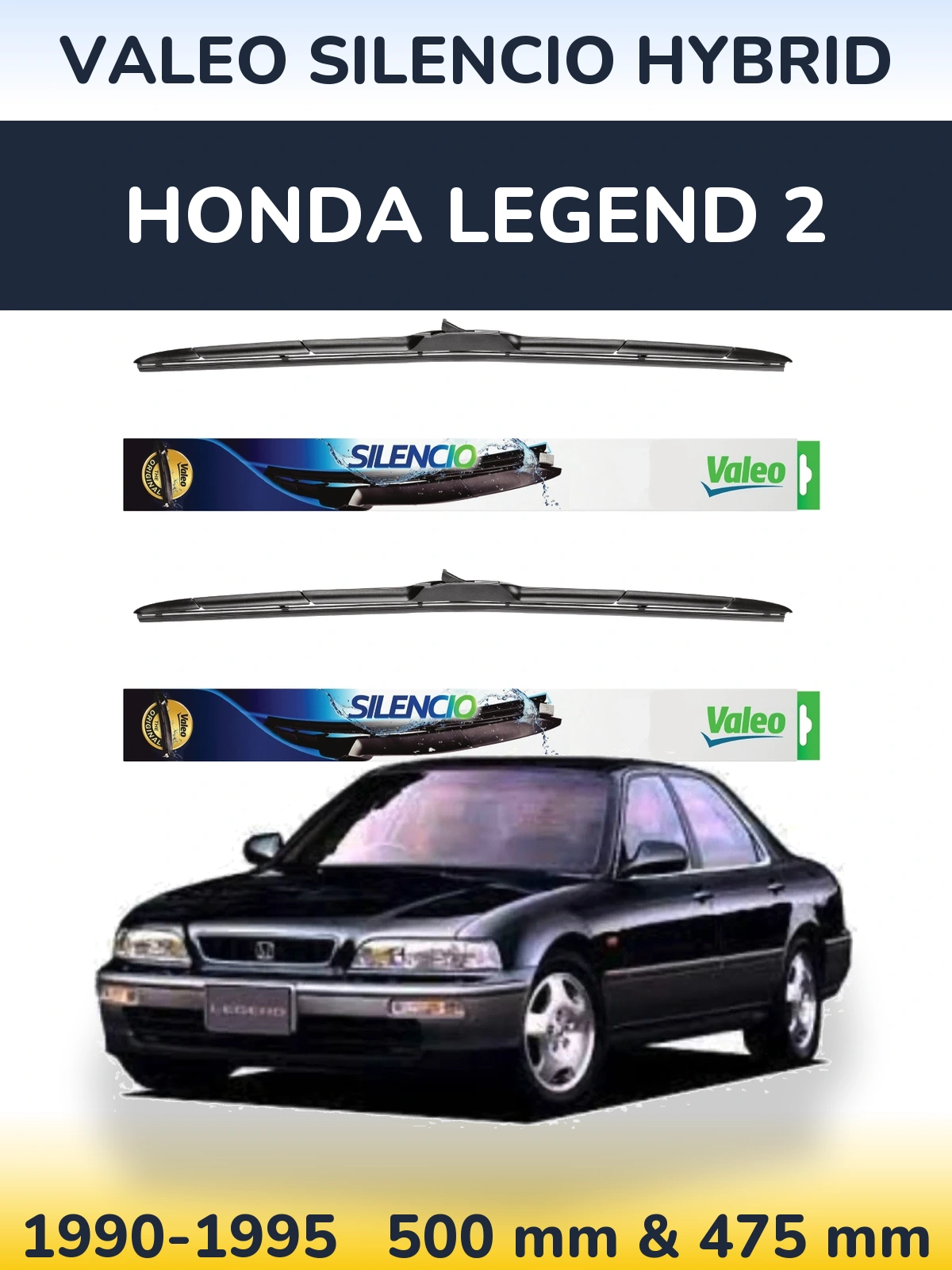 Sada předních stěračů Valeo Silencio Hybrid 500 a 475 mm pro Honda Legend 2 1990-1995