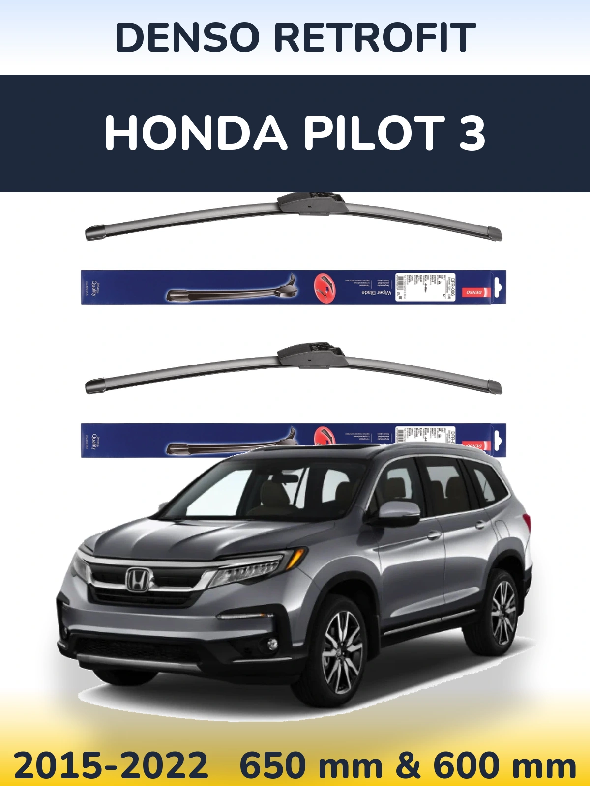 Sada předních stěračů Denso Retrofit 650 a 600 mm pro Honda Pilot 3 2015-2022