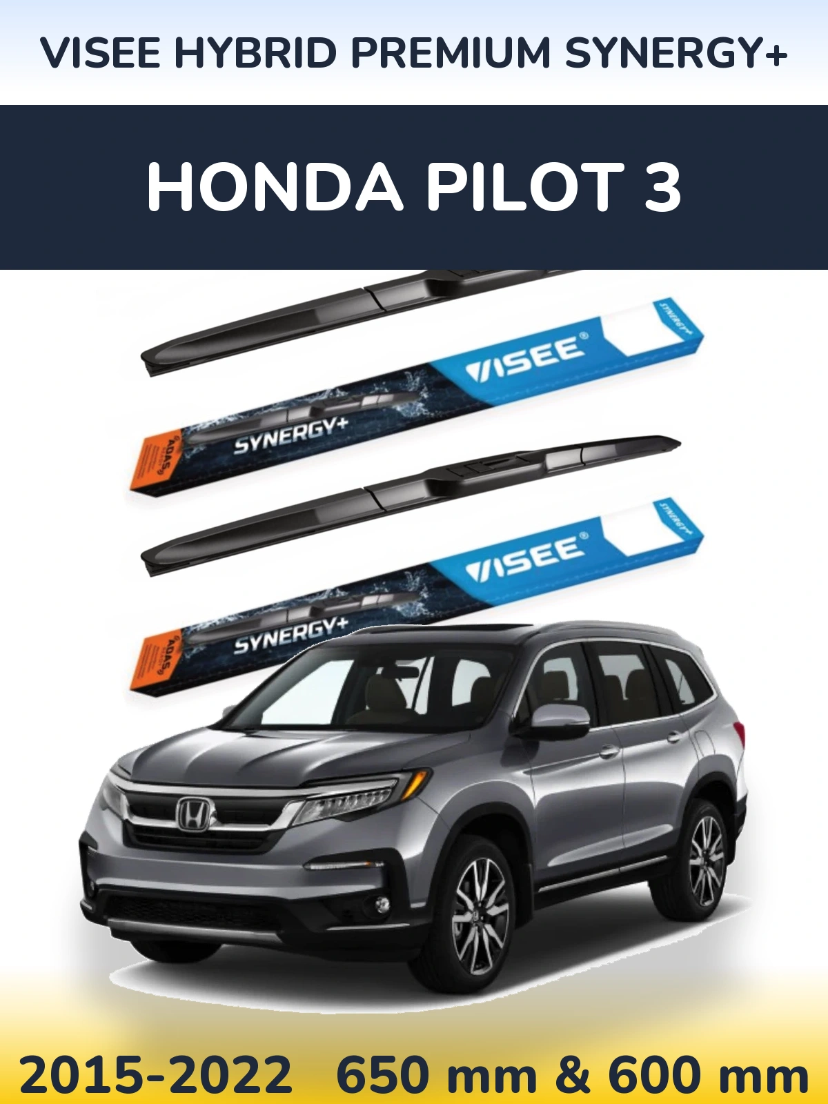 Sada předních stěračů VISEE HYBRID PREMIUM SYNERGY+ 650 a 600 mm pro Honda Pilot 3 2015-2022