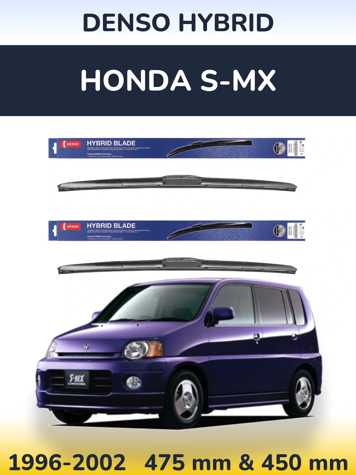 Sada předních stěračů Denso Hybrid 475 a 450 mm pro Honda S-MX 1996-2002