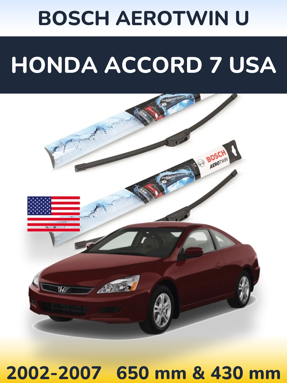 Sada předních stěračů BOSCH AeroTwin U 650 a 430 mm pro Honda Accord 7 USA 2002-2007