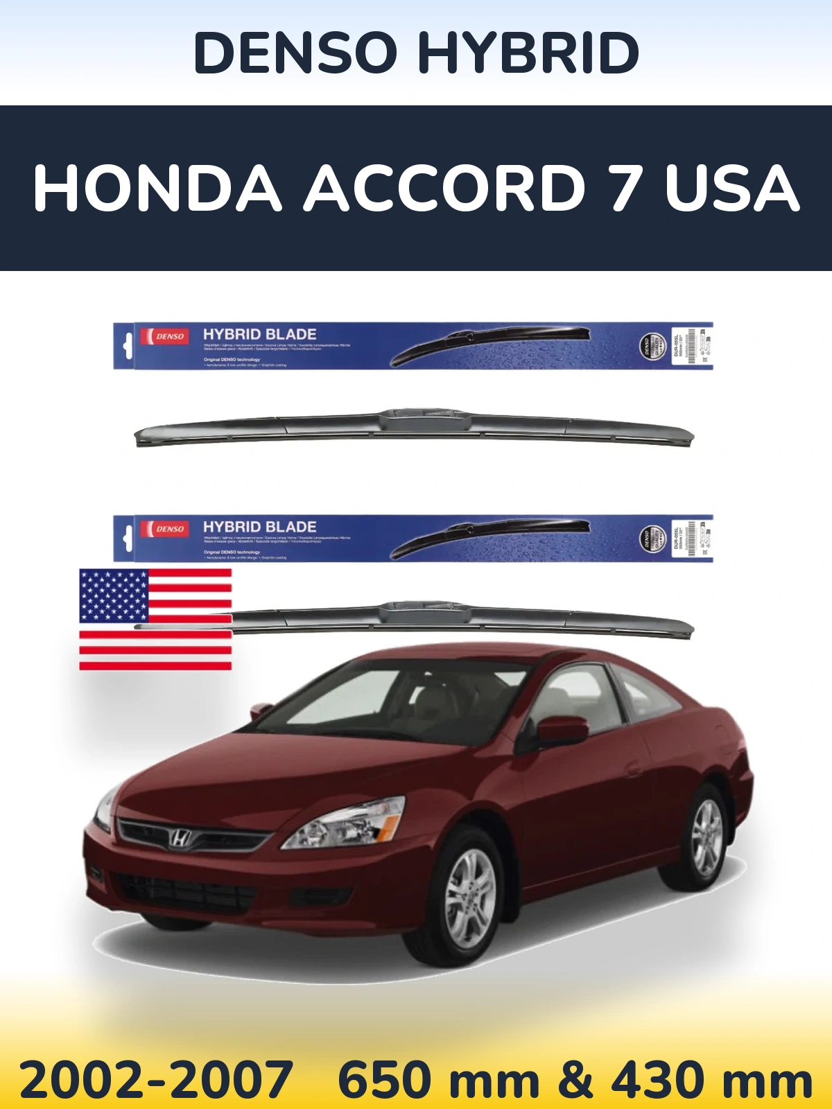 Sada předních stěračů Denso Hybrid 650 a 430 mm pro Honda Accord 7 USA 2002-2007
