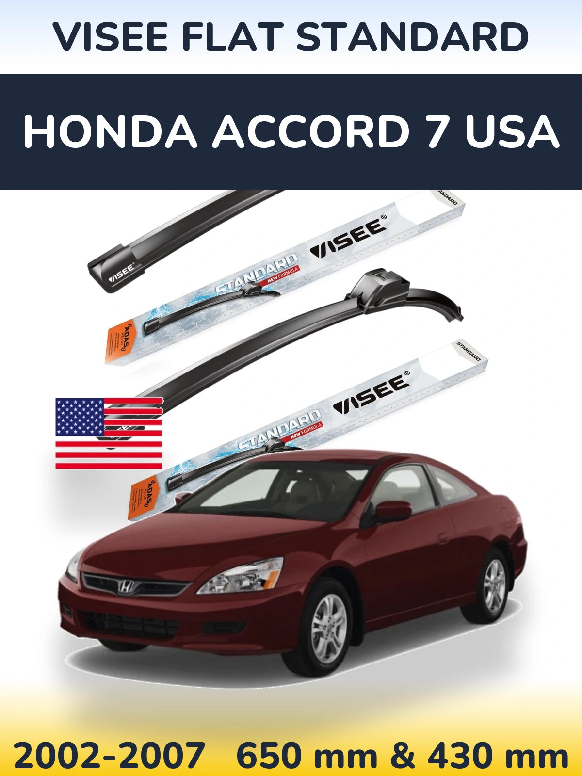 Sada předních stěračů VISEE FLAT STANDARD 650 a 430 mm pro Honda Accord 7 USA 2002-2007