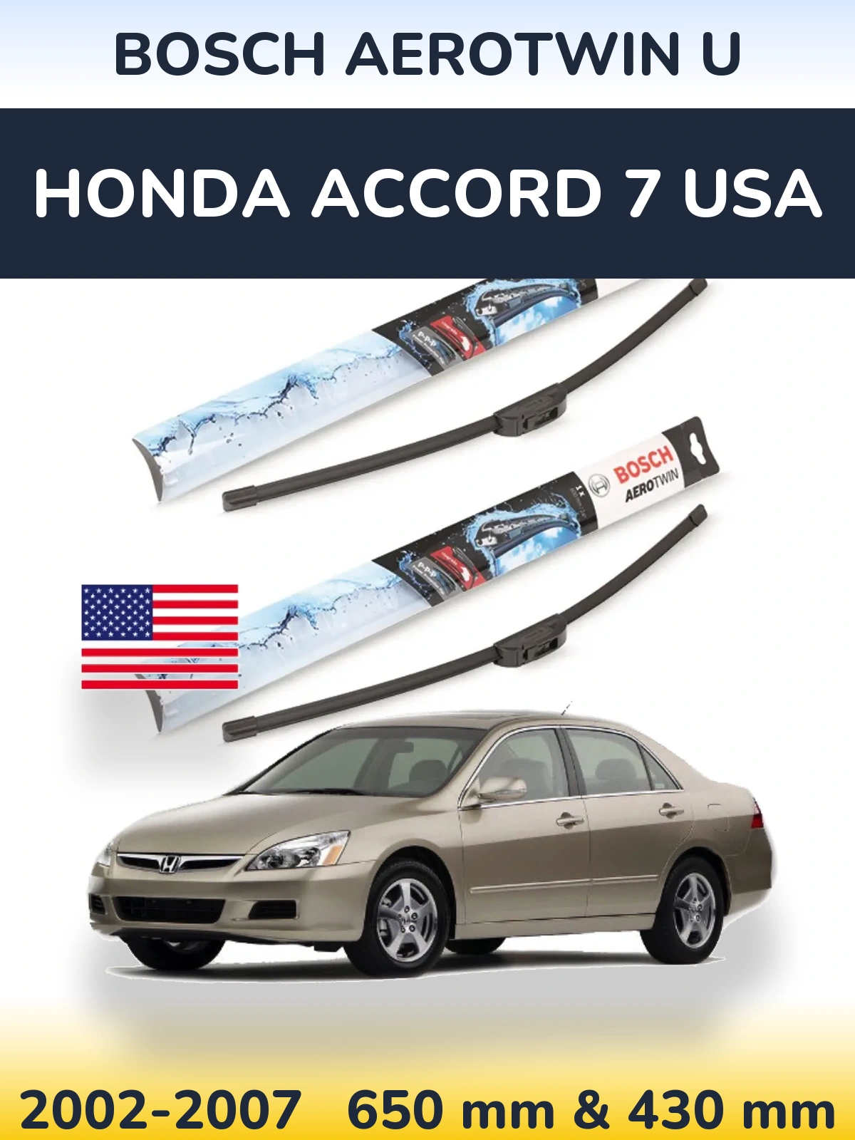 Sada předních stěračů BOSCH AeroTwin U 650 a 430 mm pro Honda Accord 7 USA 2002-2007