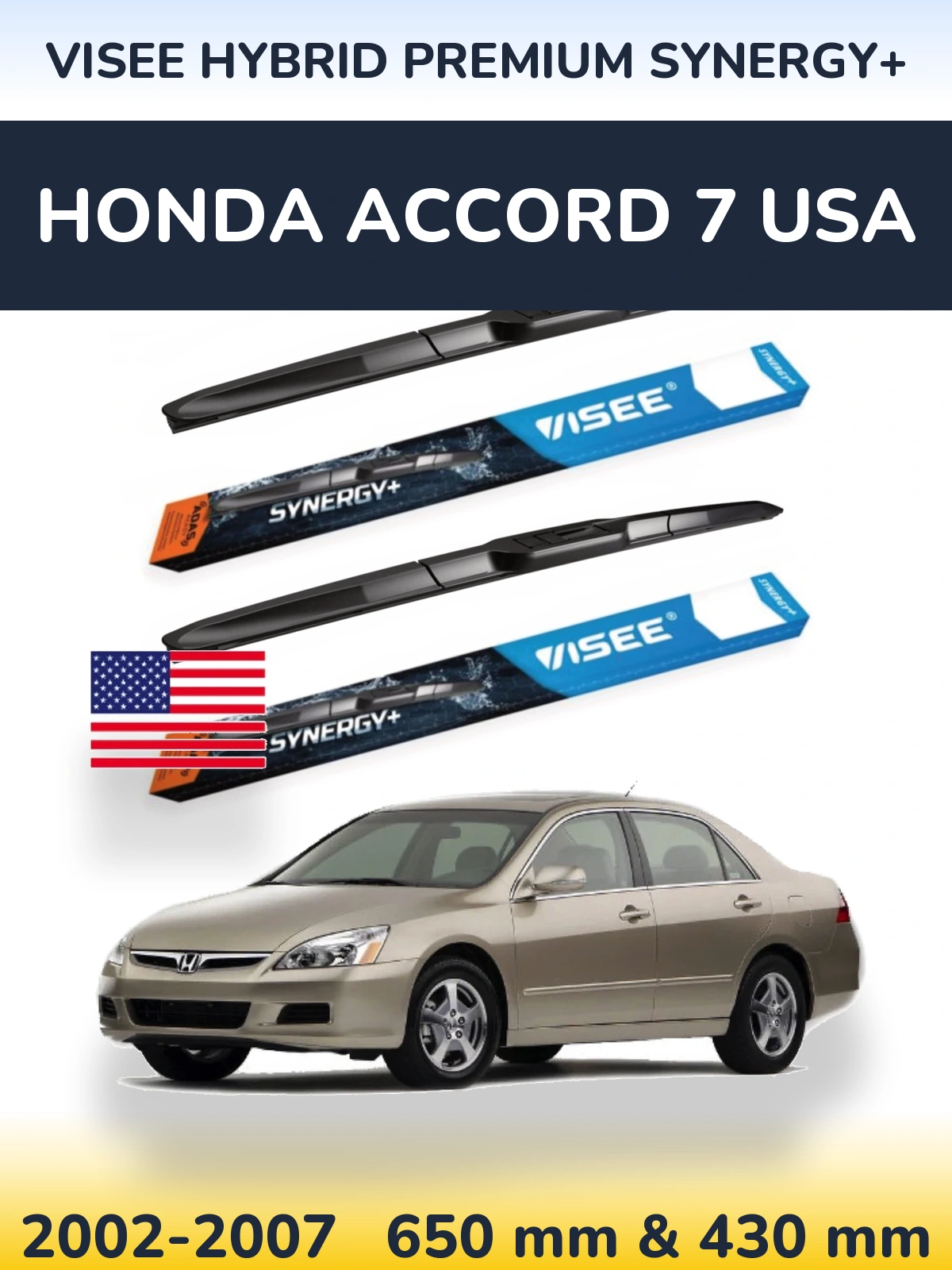 Sada předních stěračů VISEE HYBRID PREMIUM SYNERGY+ 650 a 430 mm pro Honda Accord 7 USA 2002-2007