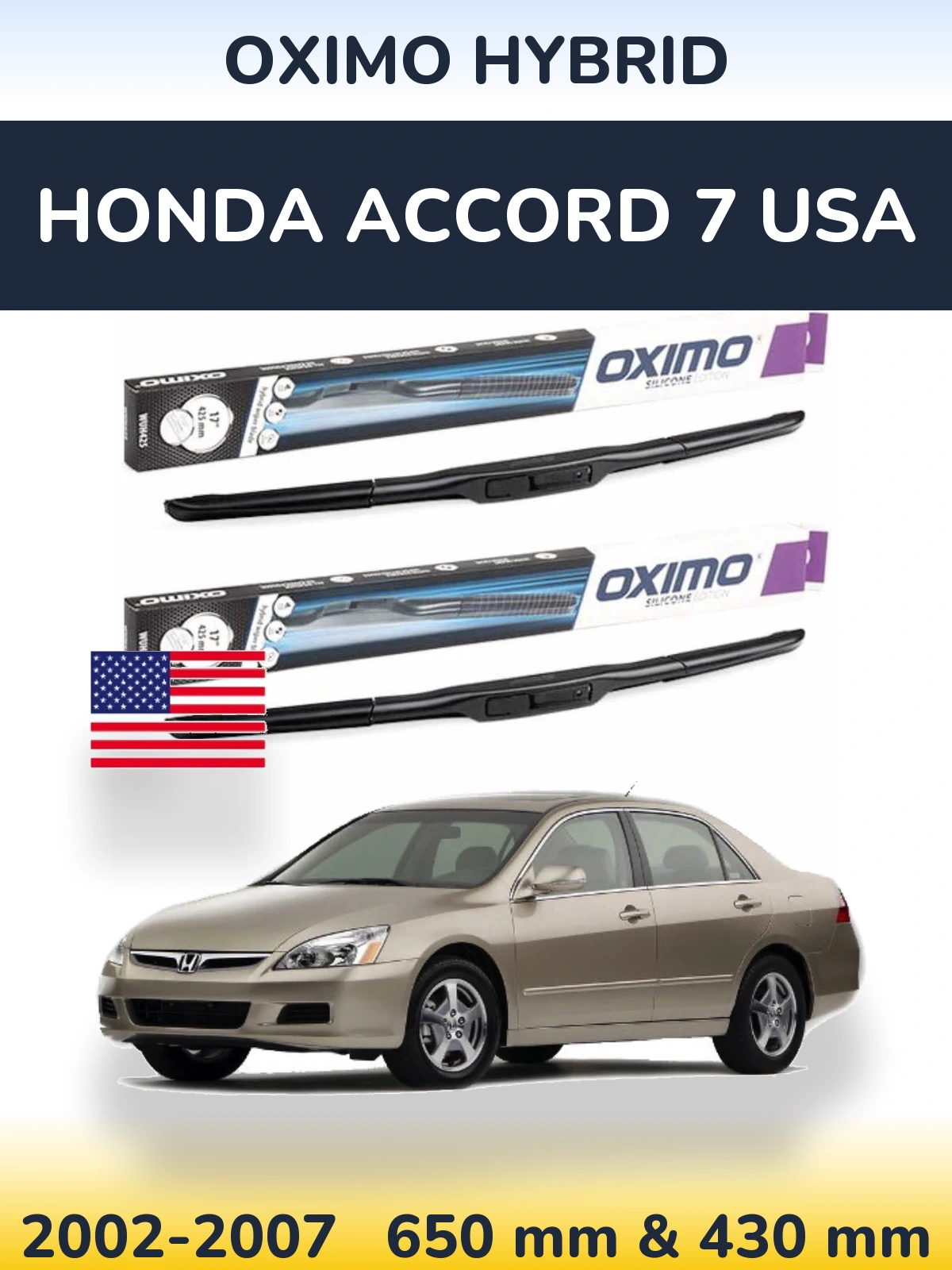 Sada předních stěračů Oximo Hybrid 650 a 430 mm pro Honda Accord 7 USA 2002-2007