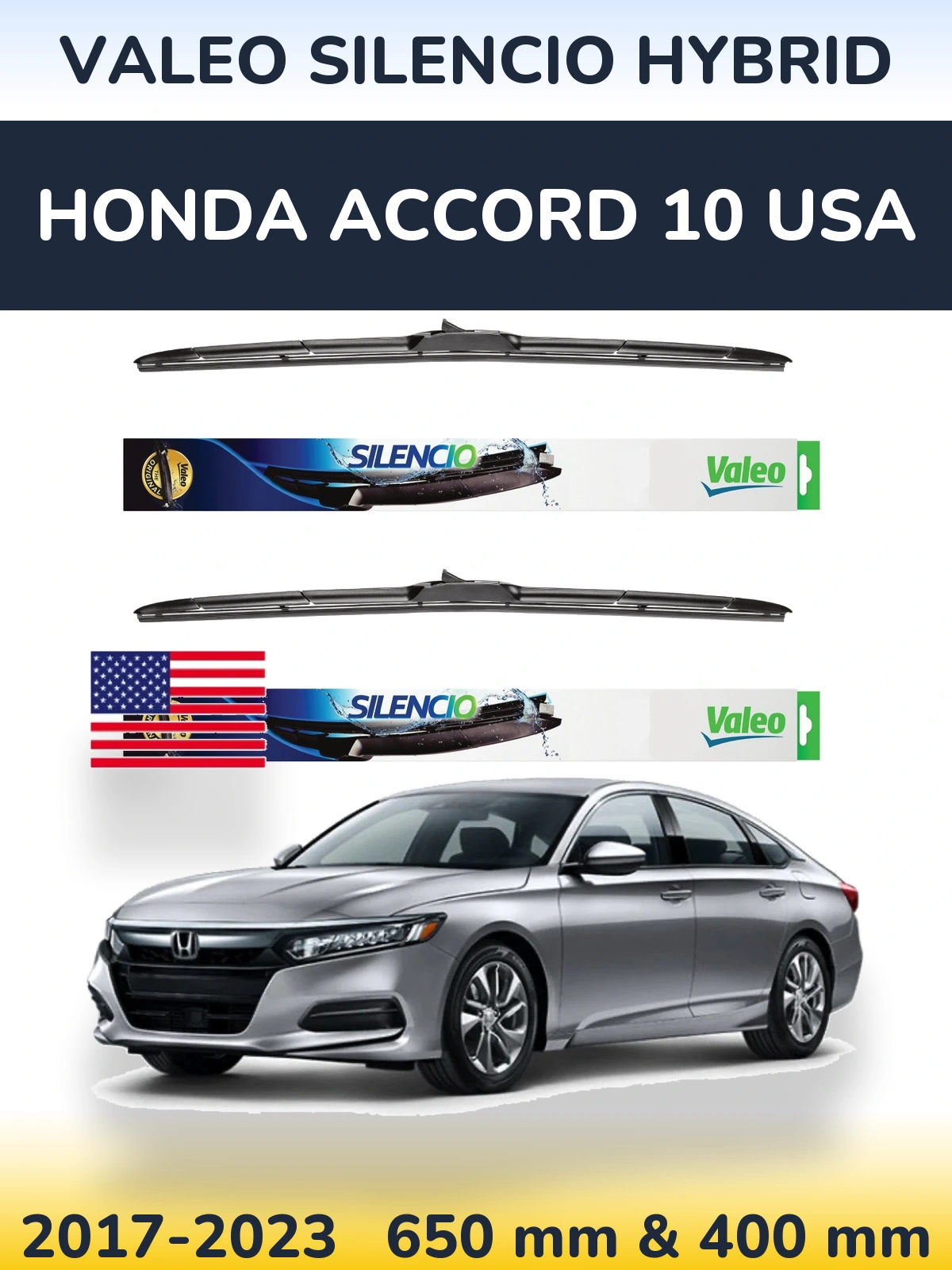 Sada předních stěračů Valeo Silencio Hybrid 650 a 400 mm pro Honda Accord 10 USA 2017-2023