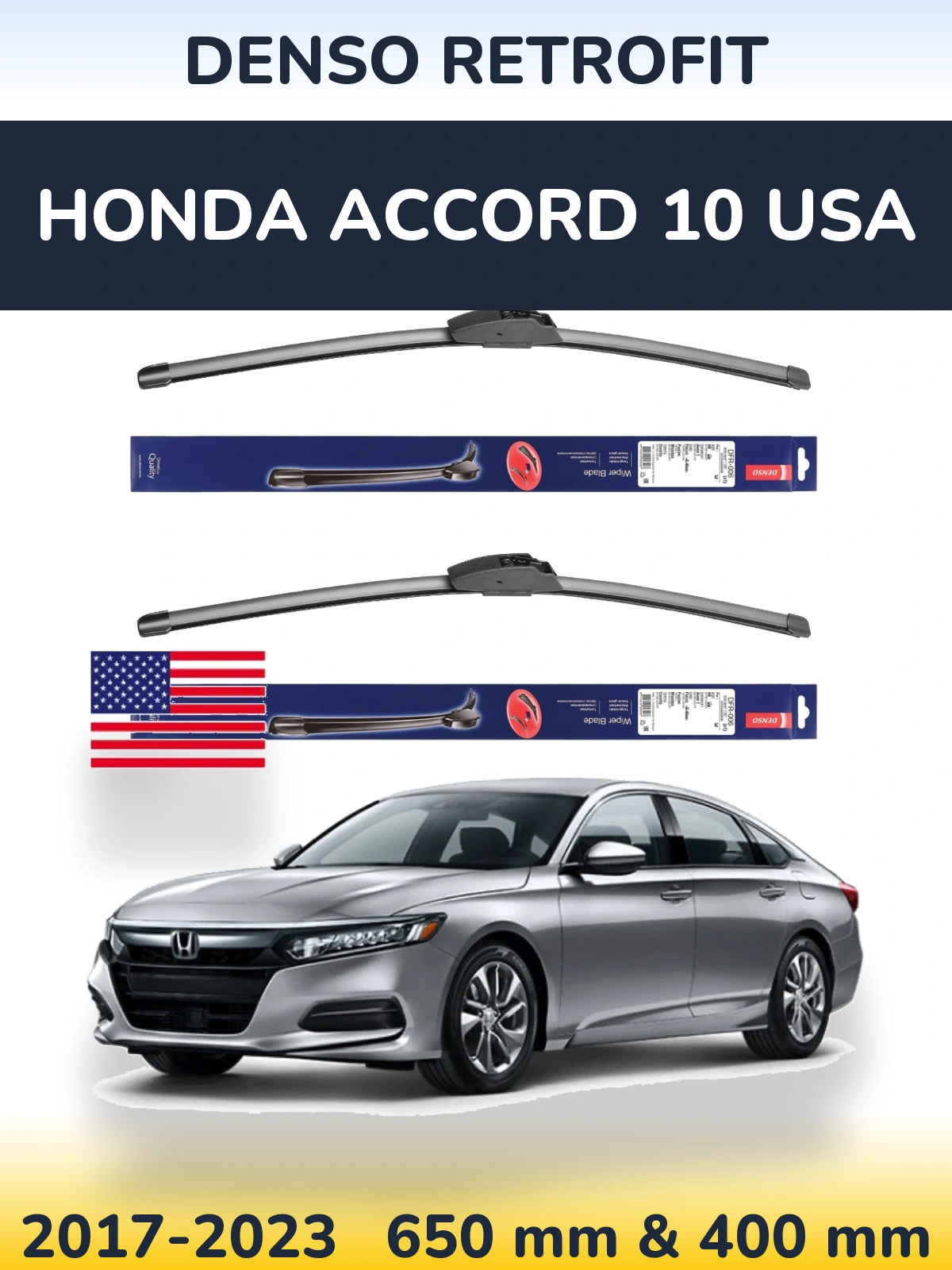 Sada předních stěračů Denso Retrofit 650 a 400 mm pro Honda Accord 10 USA 2017-2023
