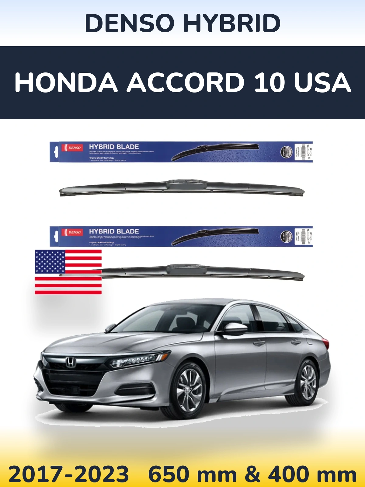 Sada předních stěračů Denso Hybrid 650 a 400 mm pro Honda Accord 10 USA 2017-2023