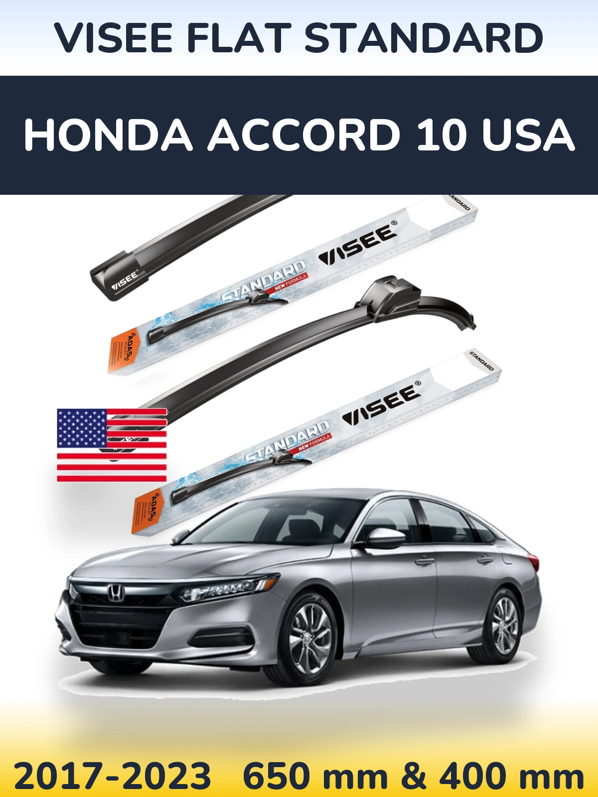 Sada předních stěračů VISEE FLAT STANDARD 650 a 400 mm pro Honda Accord 10 USA 2017-2023
