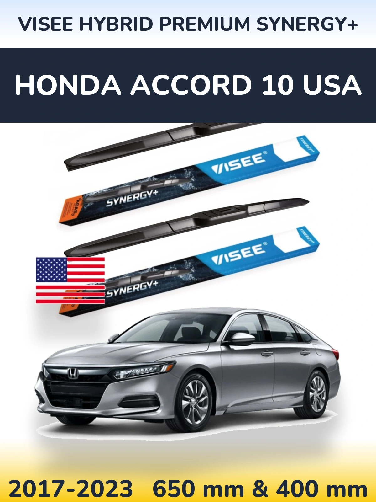 Sada předních stěračů VISEE HYBRID PREMIUM SYNERGY+ 650 a 400 mm pro Honda Accord 10 USA 2017-2023