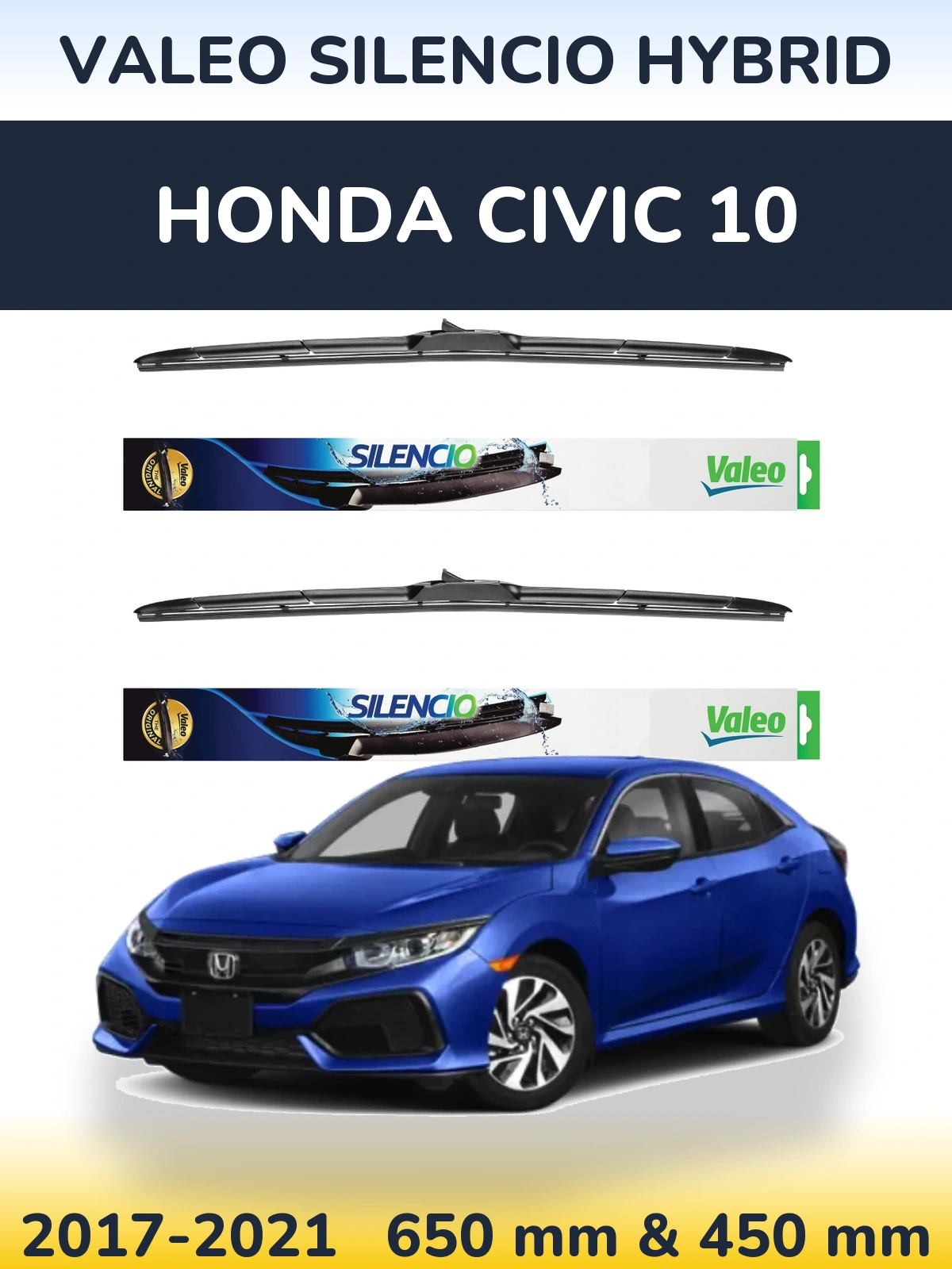 Sada předních stěračů Valeo Silencio Hybrid 650 a 450 mm pro Honda Civic 10 2017-2021