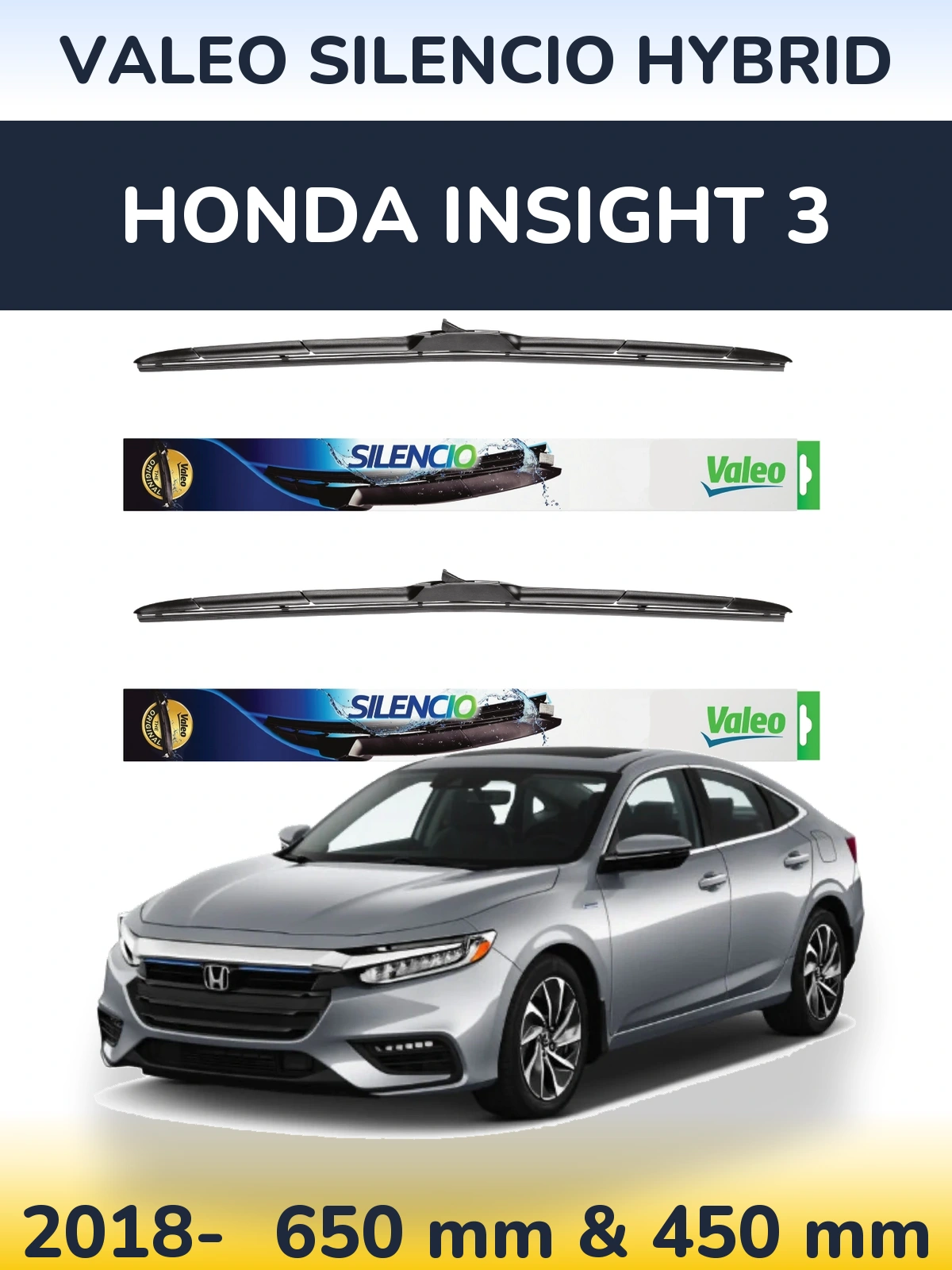 Комплект передніх щіток Valeo Silencio Hybrid 650 & 450 мм для Honda Insight 3 2018-2026