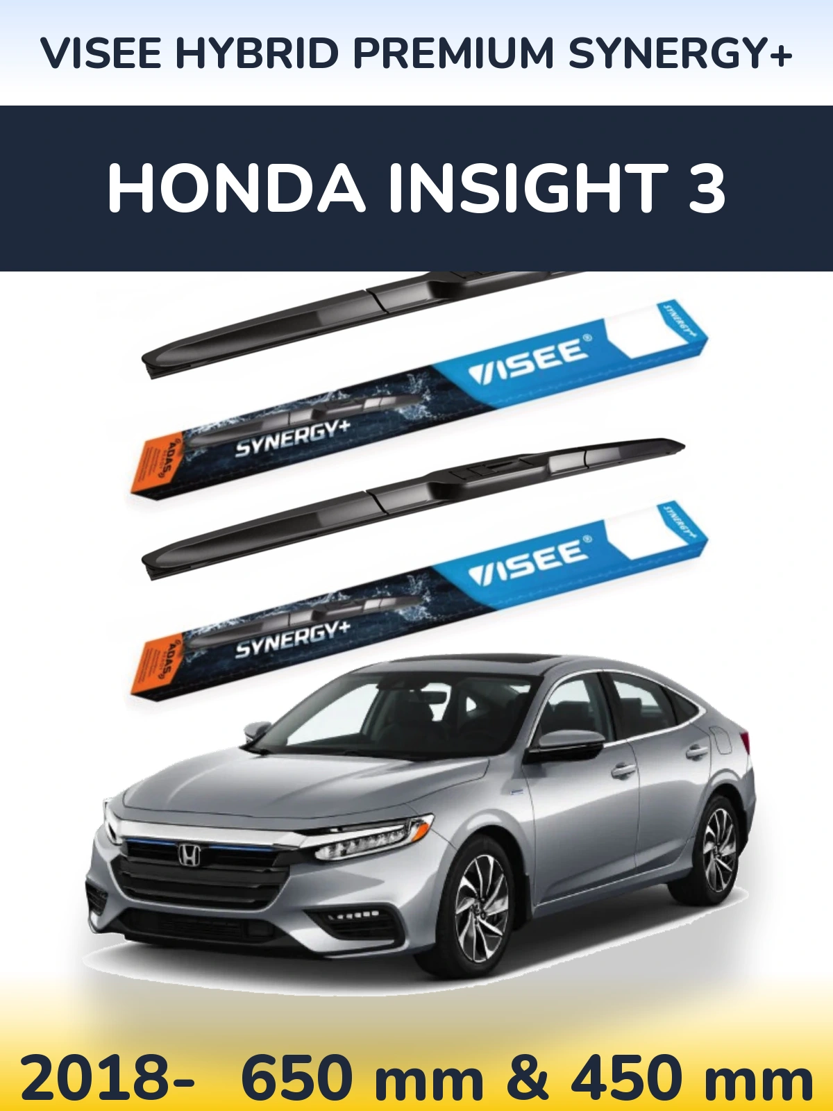 Sada předních stěračů VISEE HYBRID PREMIUM SYNERGY+ 650 a 450 mm pro Honda Insight 3 2018-2026