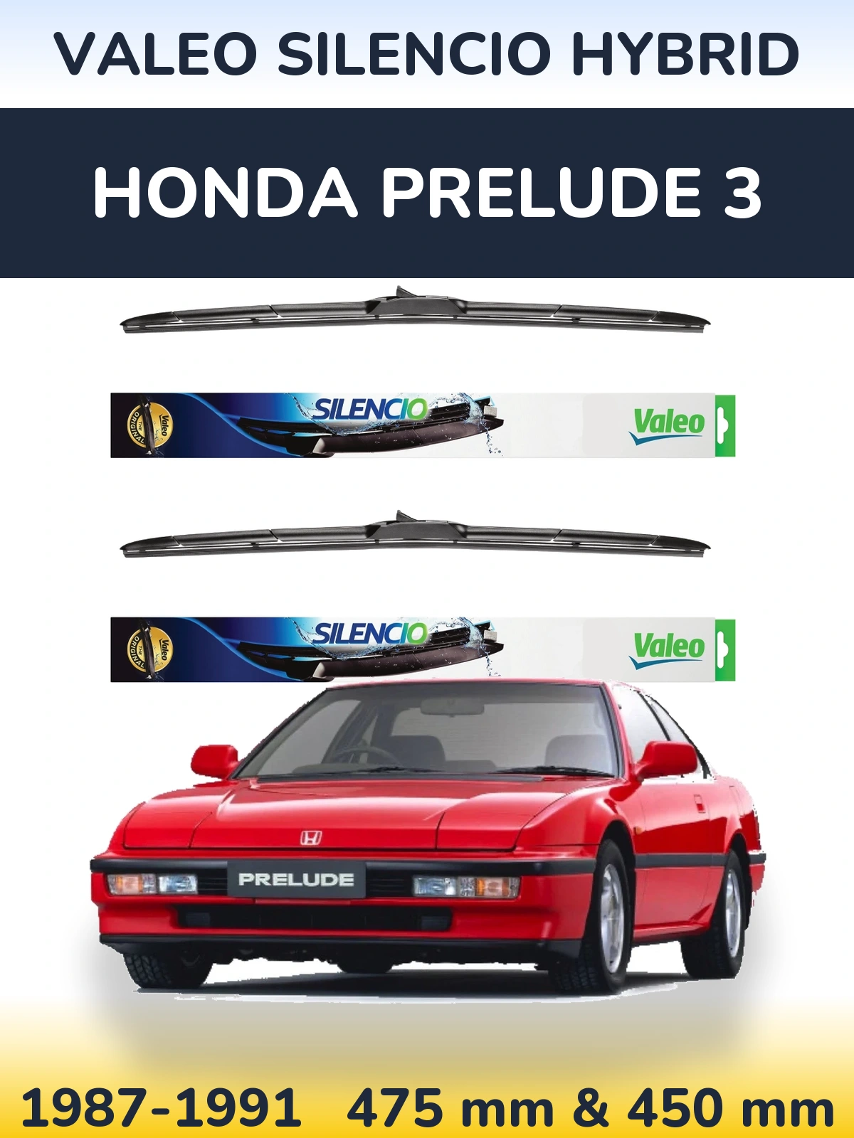 Sada předních stěračů Valeo Silencio Hybrid 475 a 450 mm pro Honda Prelude 3 1987-1991