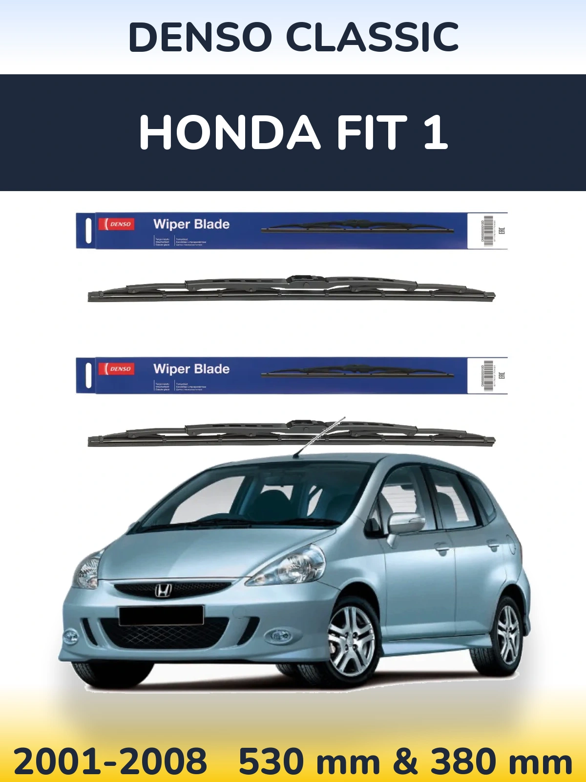 Front wiper blade set Denso Classic 530 & 380 mm for Honda Fit 1 2001-2008