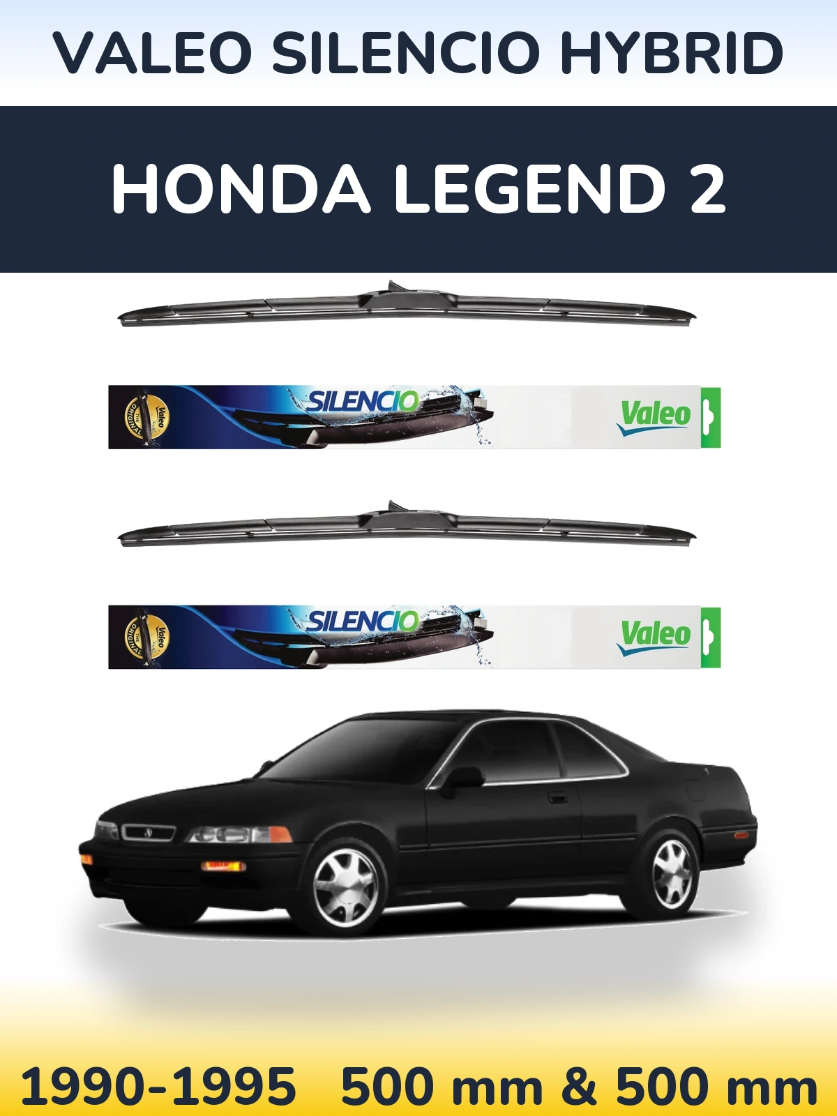 Sada předních stěračů Valeo Silencio Hybrid 500 a 500 mm pro Honda Legend 2 1990-1995