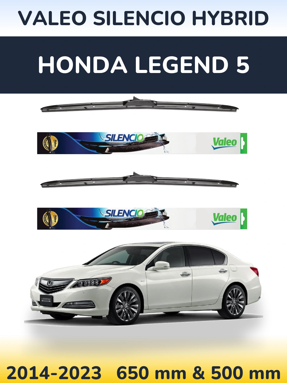 Sada předních stěračů Valeo Silencio Hybrid 650 a 500 mm pro Honda Legend 5 2014-2023