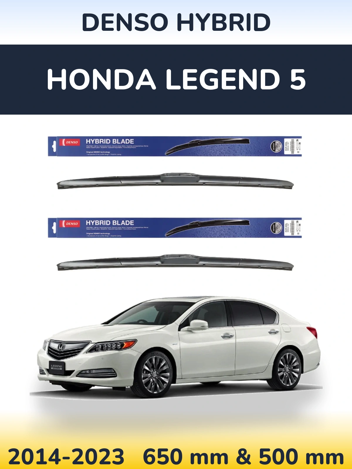 Sada předních stěračů Denso Hybrid 650 a 500 mm pro Honda Legend 5 2014-2023