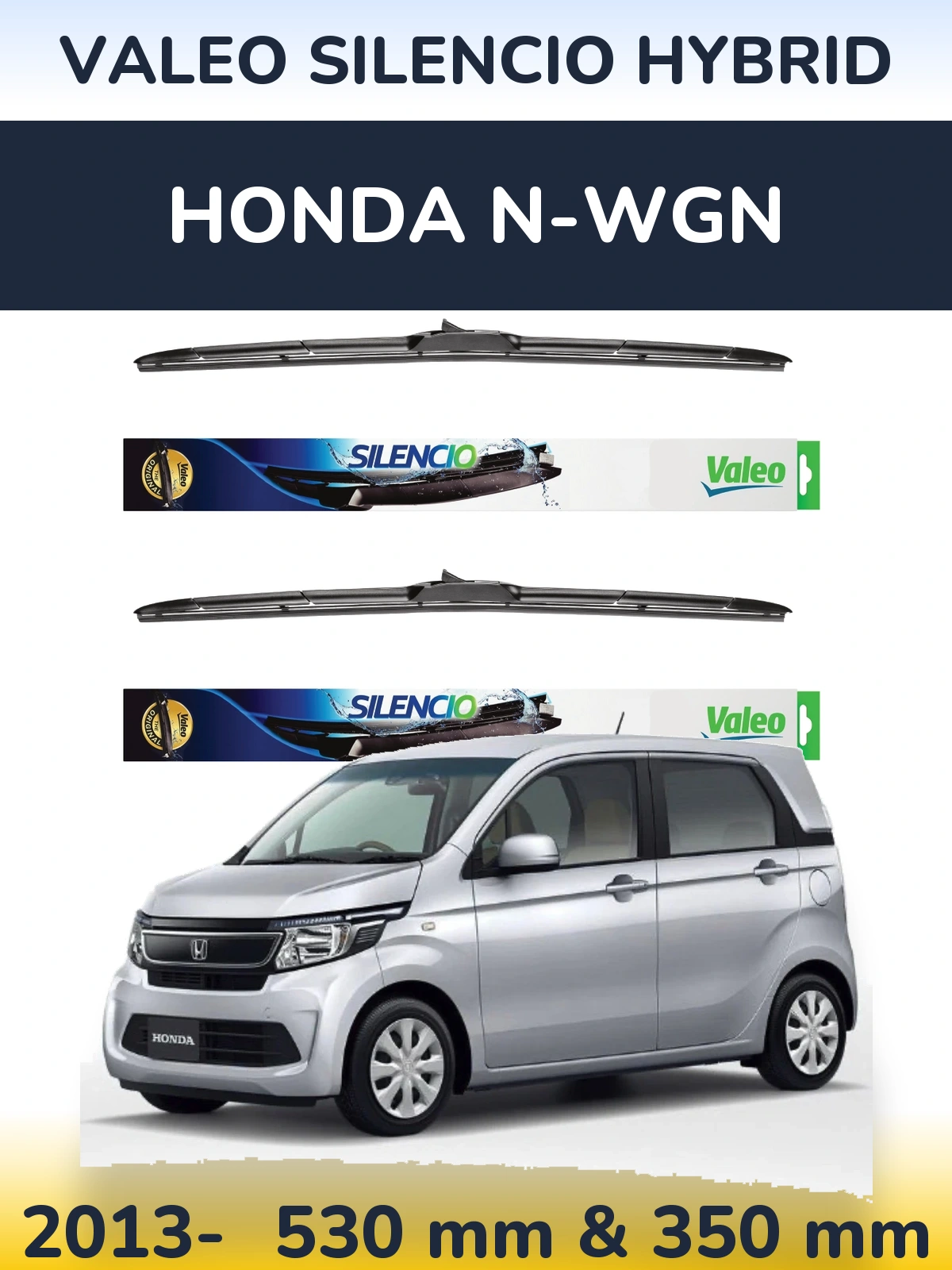 Sada předních stěračů Valeo Silencio Hybrid 530 a 350 mm pro Honda N-wgn 2013-2026