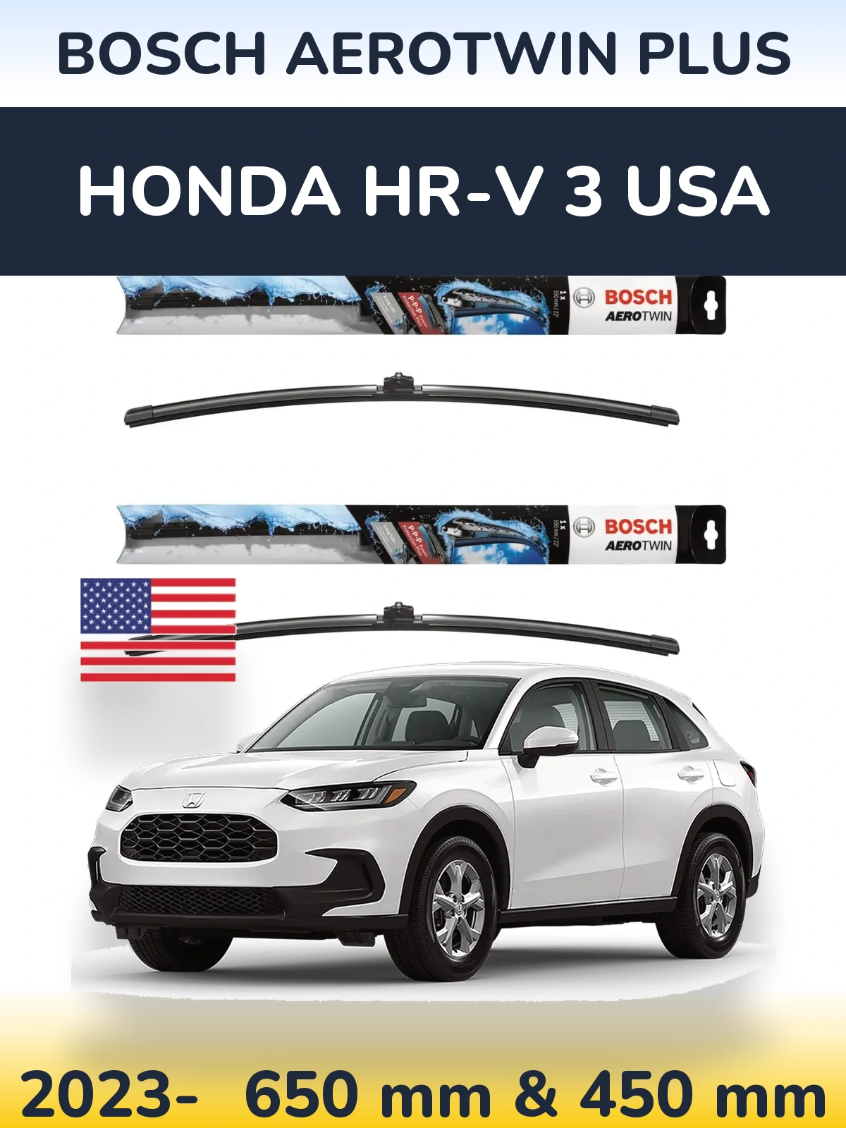 Sada předních stěračů BOSCH AeroTwin Plus 650 a 450 mm pro Honda HR-V 3 USA 2023-2026