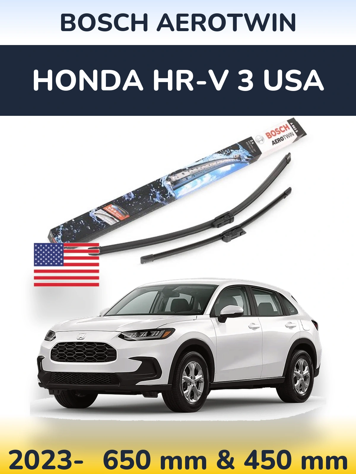 Sada předních stěračů BOSCH AeroTwin 650 a 450 mm pro Honda HR-V 3 USA 2023-2026