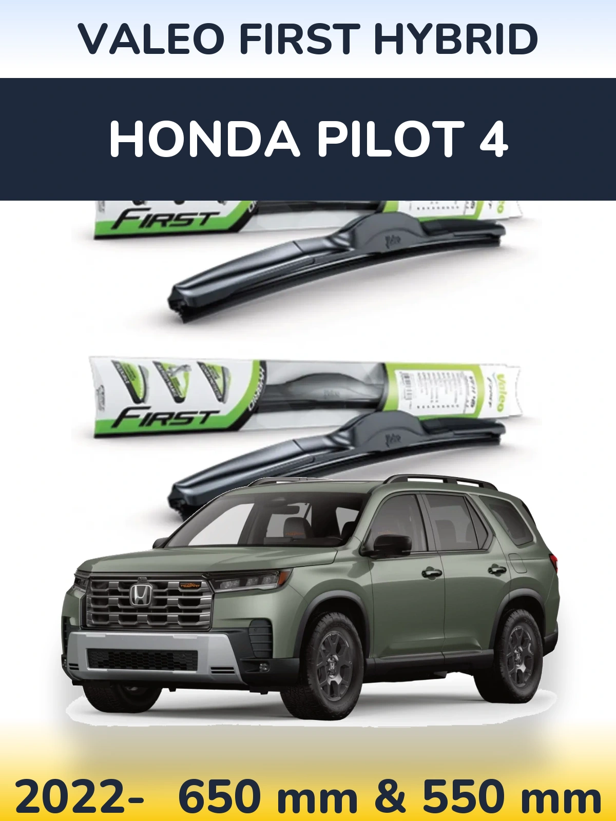 Sada předních stěračů Valeo First Hybrid 650 a 550 mm pro Honda Pilot 4 2022-2026