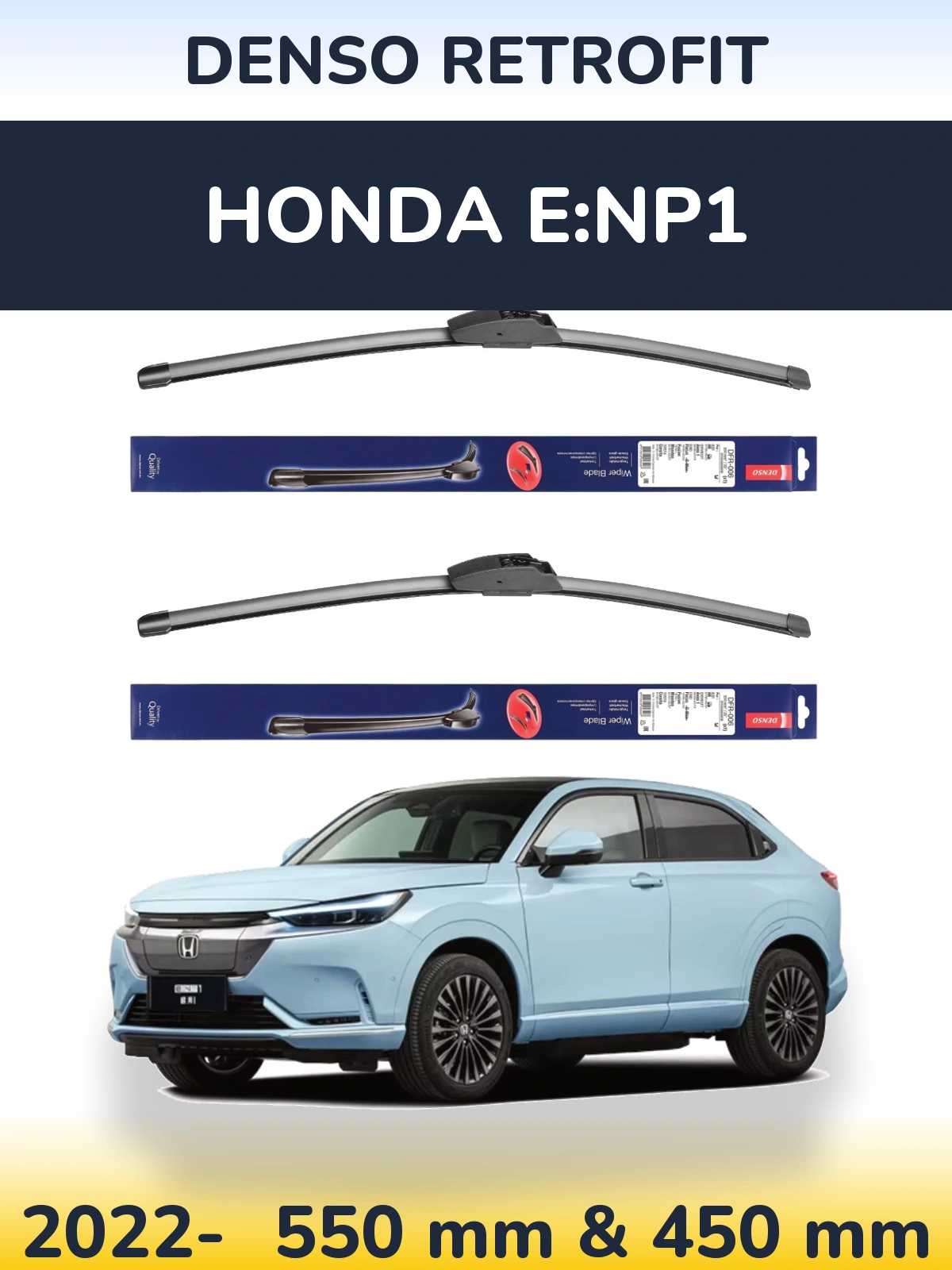 Sada předních stěračů Denso Retrofit 550 a 450 mm pro Honda e:NP1 2022-2026