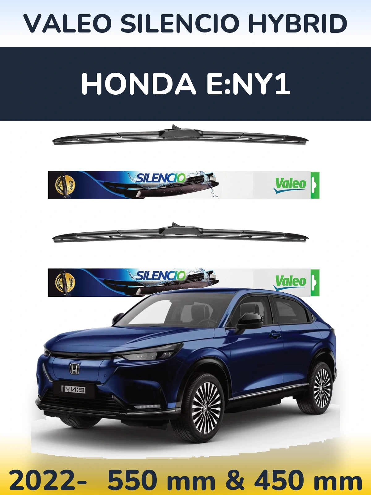 Sada předních stěračů Valeo Silencio Hybrid 550 a 450 mm pro Honda e:Ny1 2022-2026