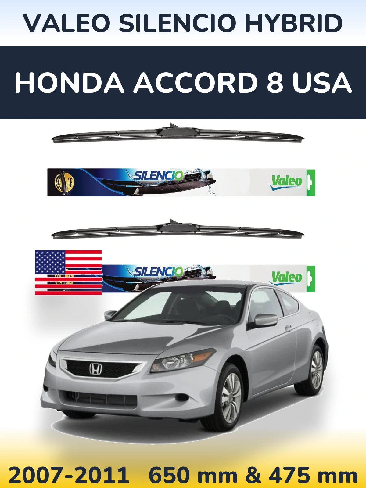 Sada předních stěračů Valeo Silencio Hybrid 650 a 475 mm pro Honda Accord 8 USA 2007-2011