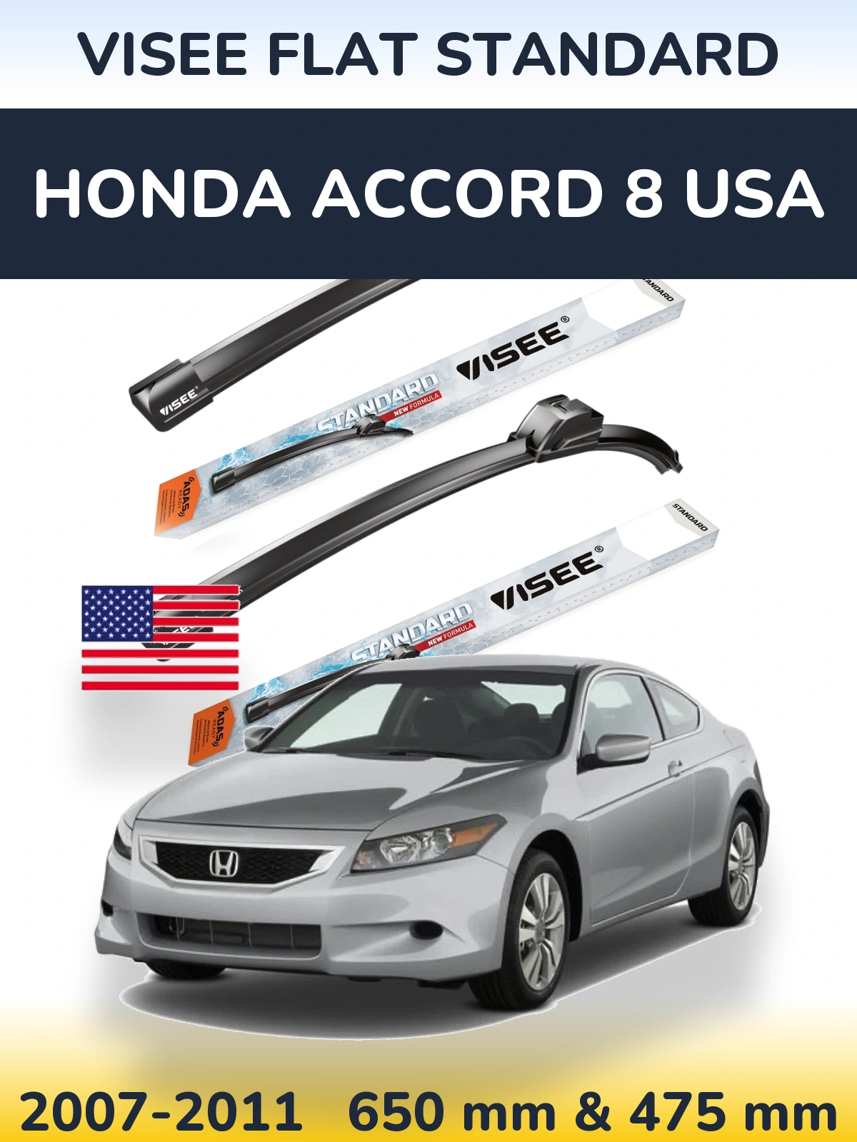 Sada předních stěračů VISEE FLAT STANDARD 650 a 475 mm pro Honda Accord 8 USA 2007-2011