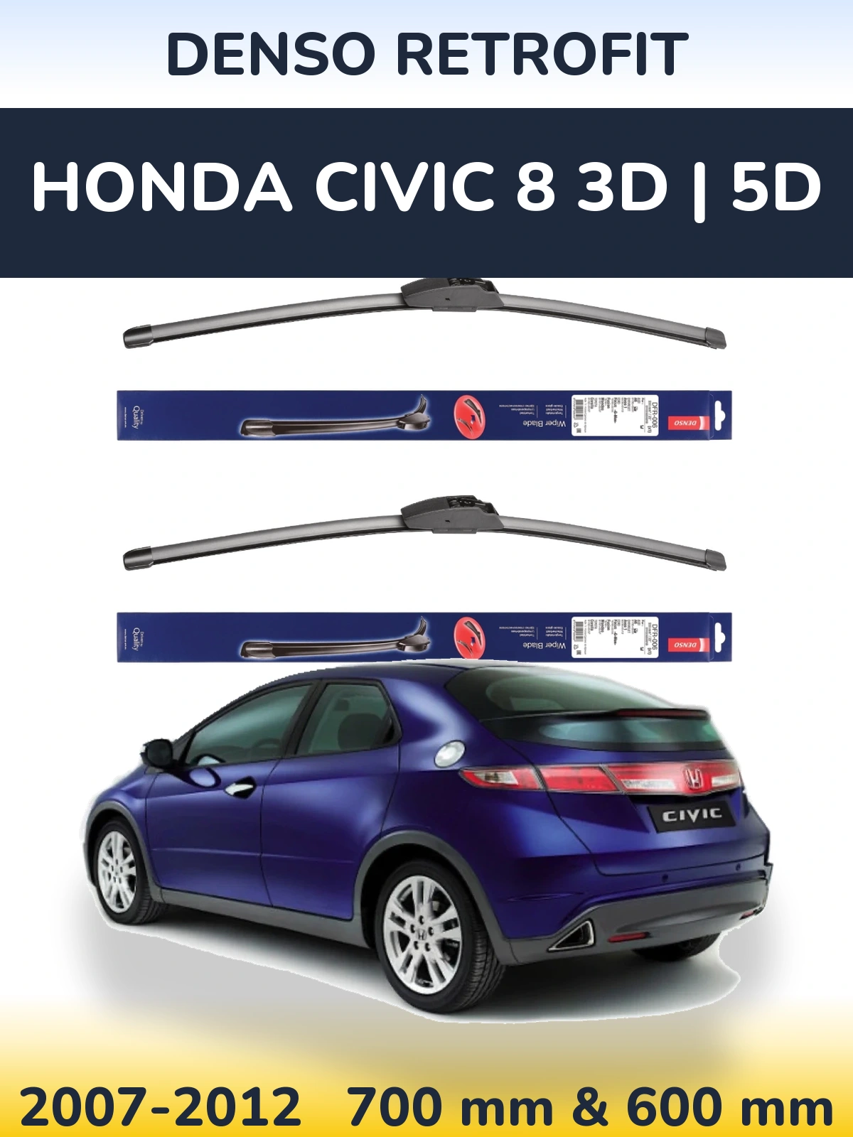 Sada předních stěračů Denso Retrofit 700 a 600 mm pro Honda Civic 8 3D | 5D 2007-2012