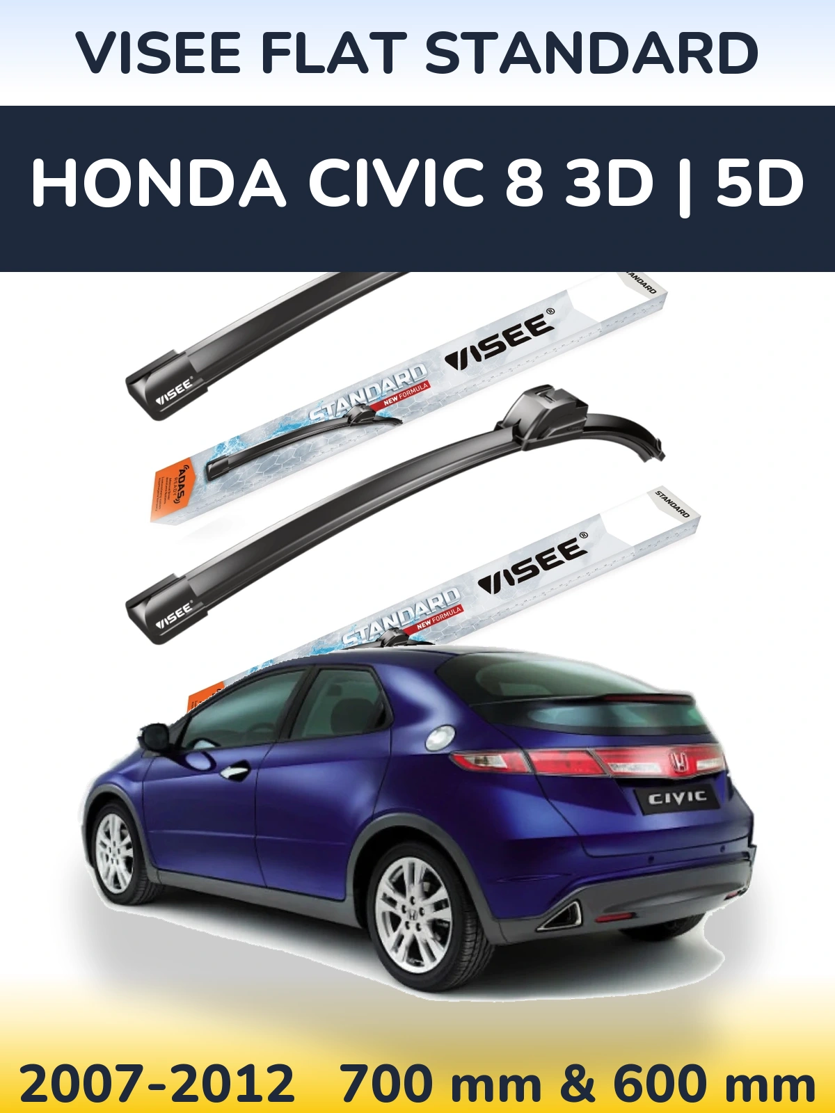 Sada předních stěračů VISEE FLAT STANDARD 700 a 600 mm pro Honda Civic 8 3D | 5D 2007-2012