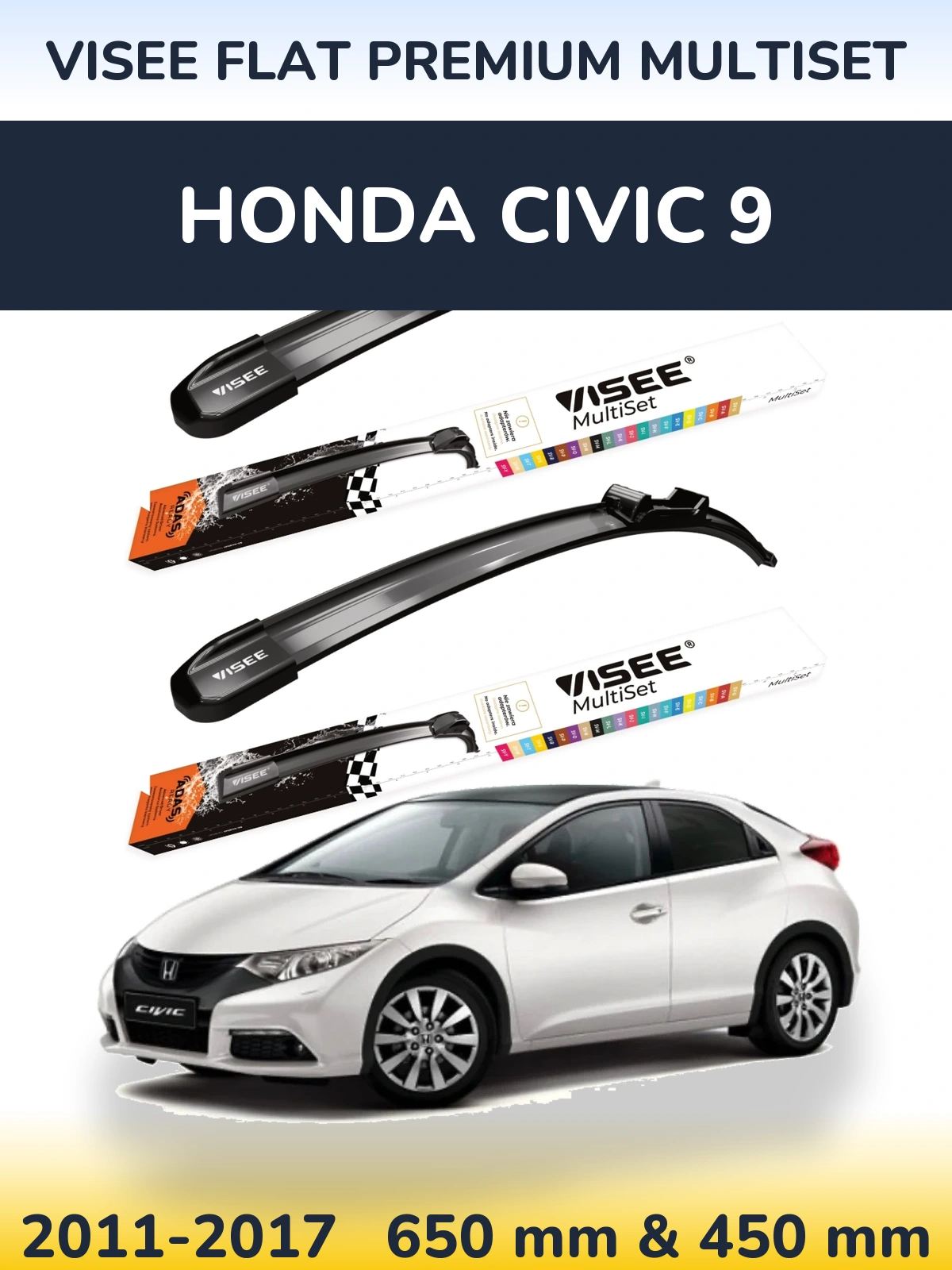 Sada předních stěračů VISEE FLAT PREMIUM MultiSet 650 a 450 mm pro Honda Civic 9 2011-2017