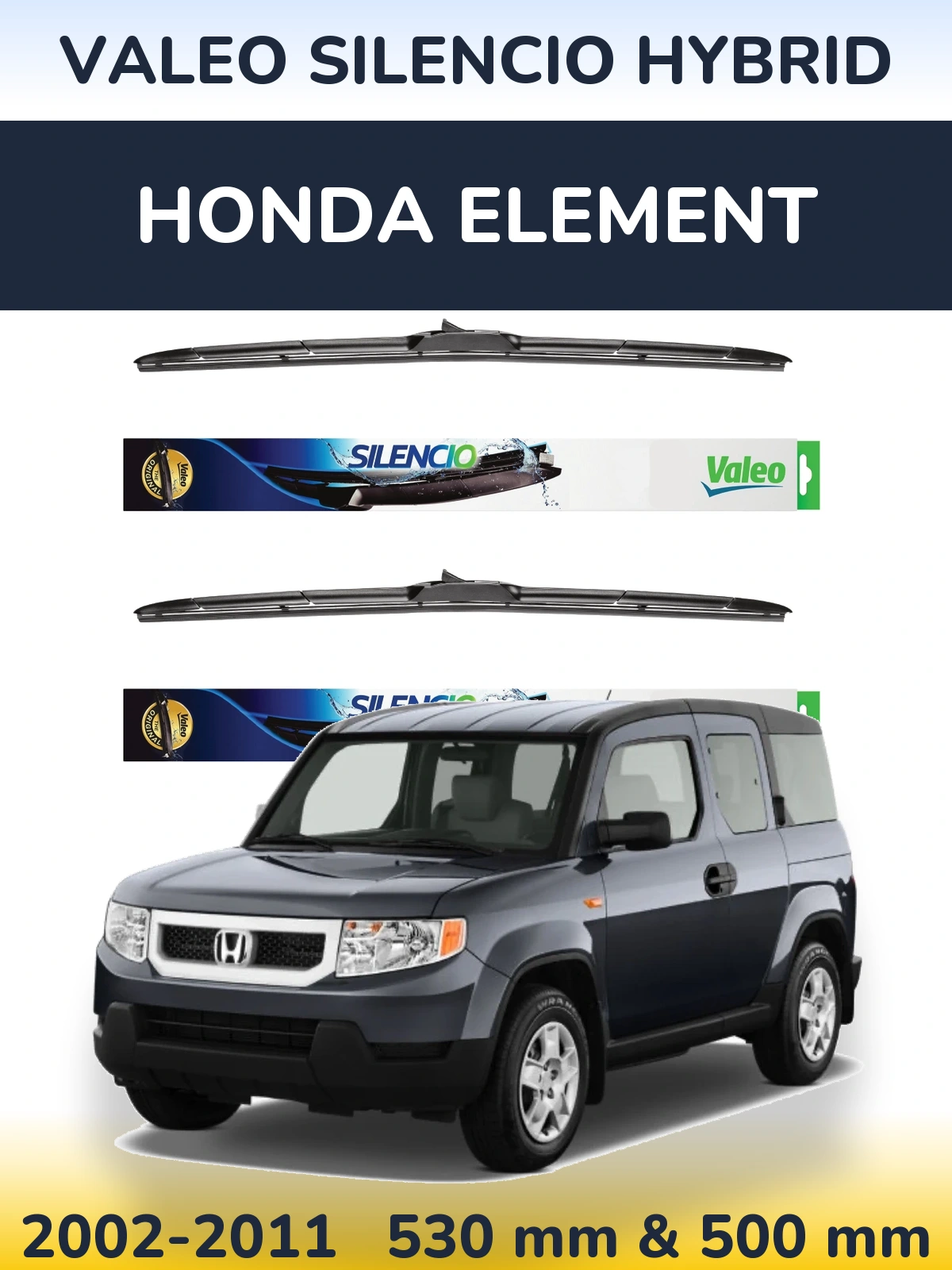 Sada předních stěračů Valeo Silencio Hybrid 530 a 500 mm pro Honda Element 2002-2011