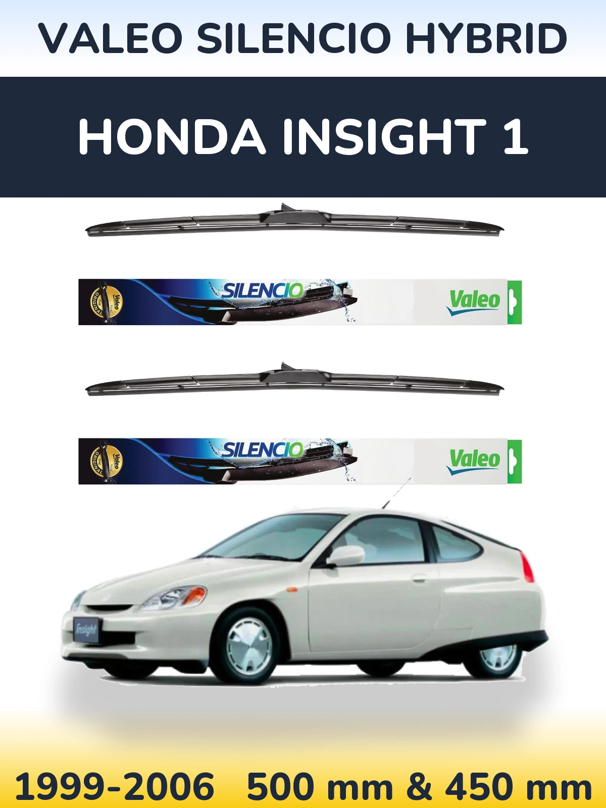 Sada předních stěračů Valeo Silencio Hybrid 500 a 450 mm pro Honda Insight 1 1999-2006