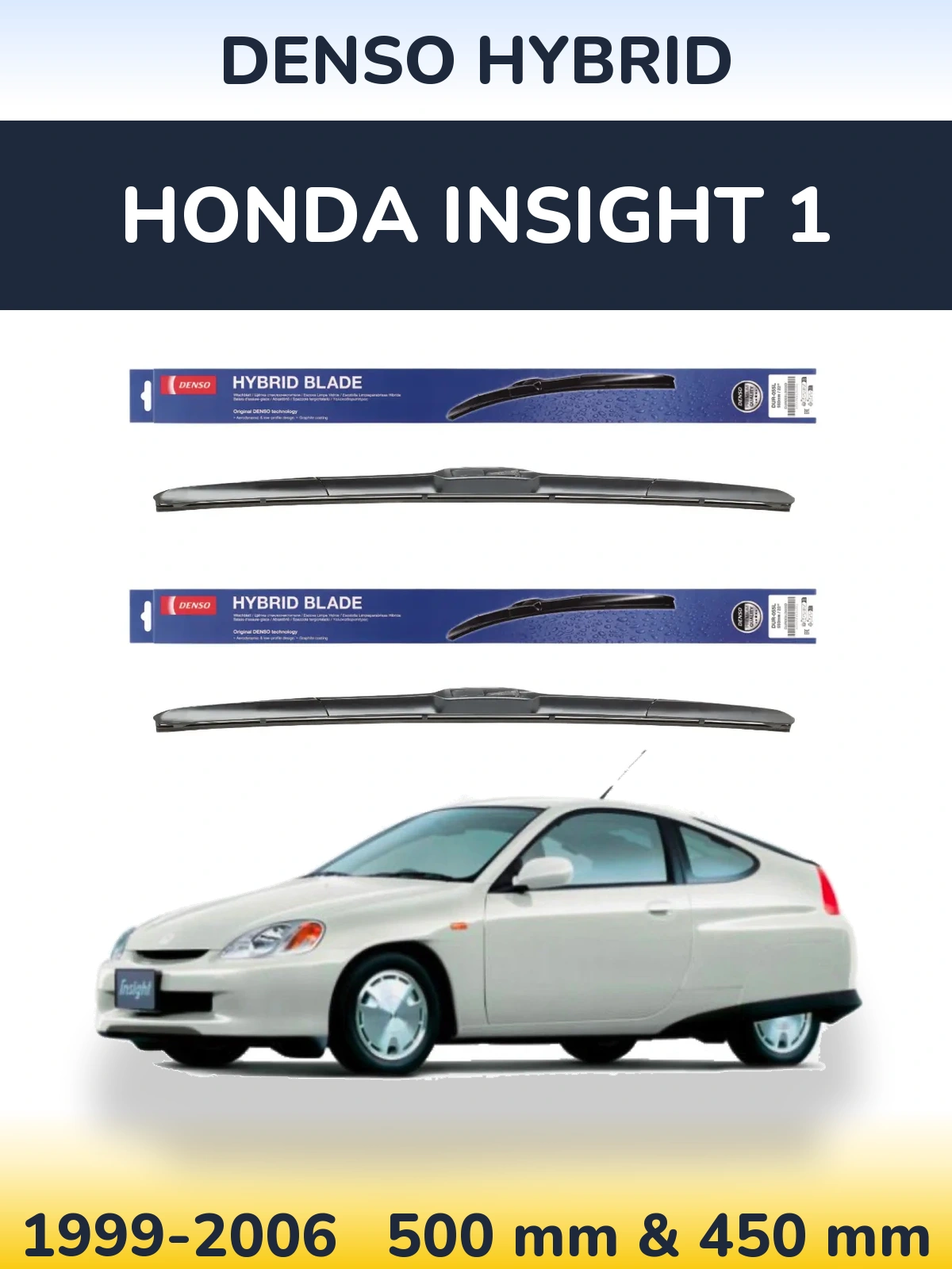 Sada předních stěračů Denso Hybrid 500 a 450 mm pro Honda Insight 1 1999-2006