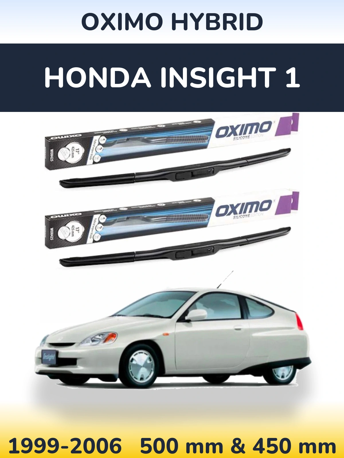 Sada předních stěračů Oximo Hybrid 500 a 450 mm pro Honda Insight 1 1999-2006