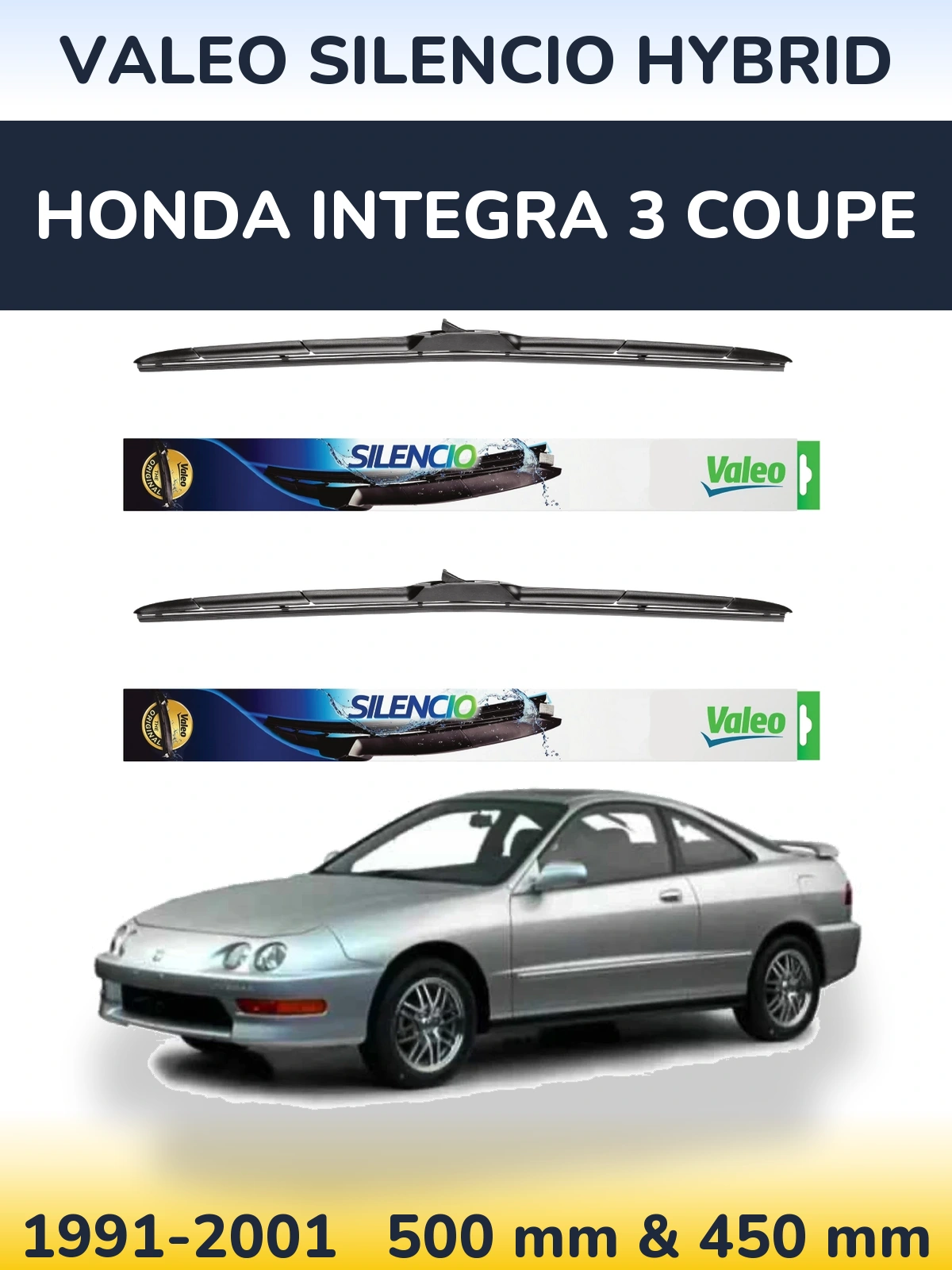Sada předních stěračů Valeo Silencio Hybrid 500 a 450 mm pro Honda Integra 3 coupe 1991-2001