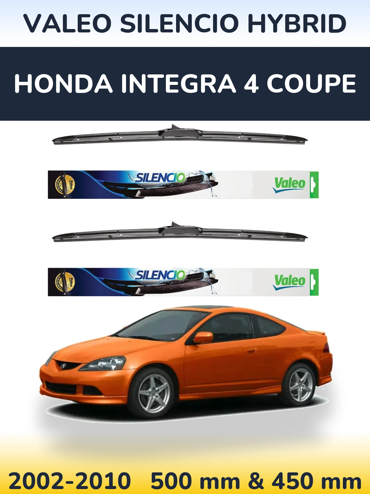 Sada předních stěračů Valeo Silencio Hybrid 500 a 450 mm pro Honda Integra 4 coupe 2002-2010
