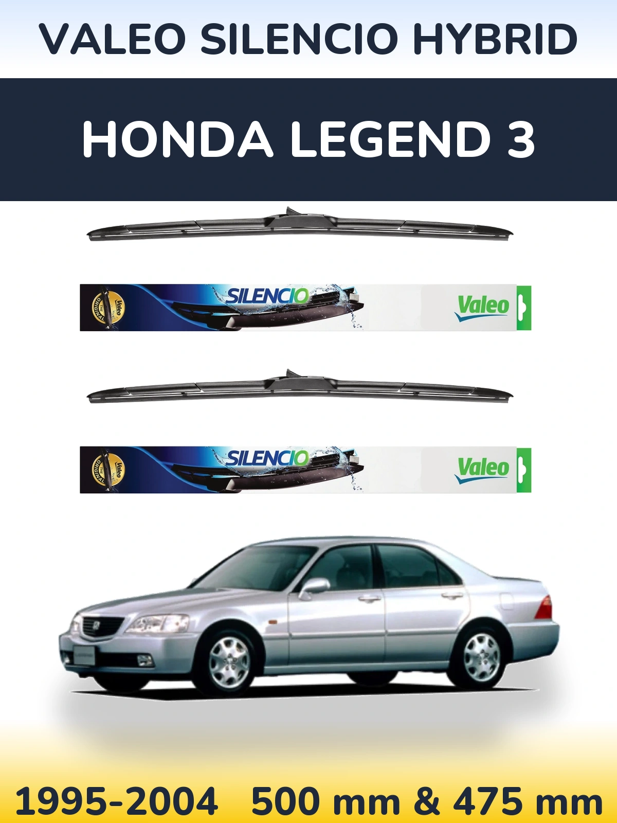 Sada předních stěračů Valeo Silencio Hybrid 500 a 475 mm pro Honda Legend 3 1995-2004