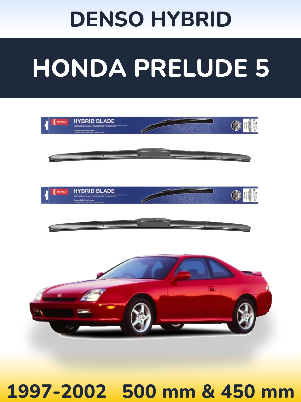 Sada předních stěračů Denso Hybrid 500 a 450 mm pro Honda Prelude 5 1997-2002
