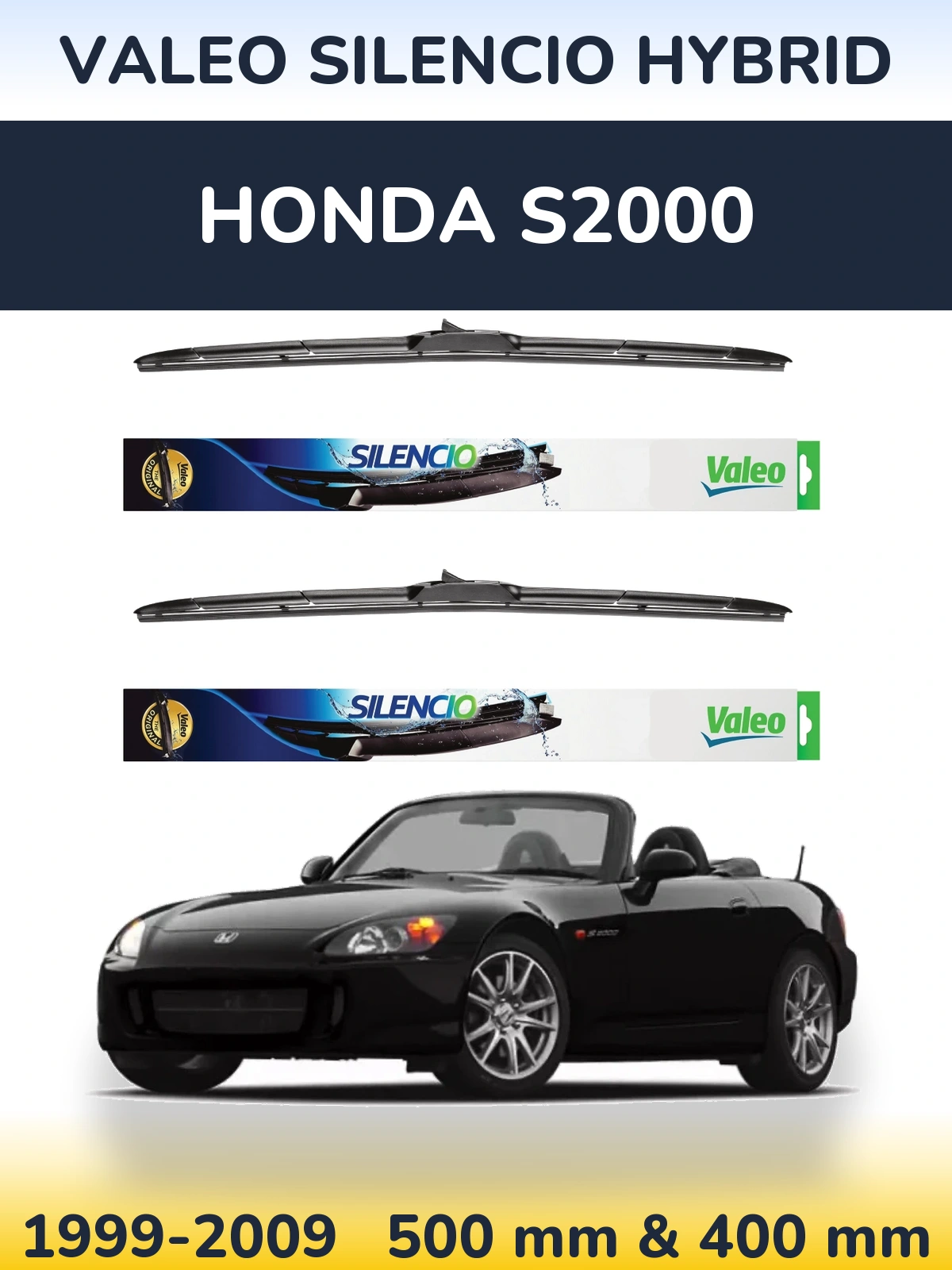 Sada předních stěračů Valeo Silencio Hybrid 500 a 400 mm pro Honda S2000 1999-2009