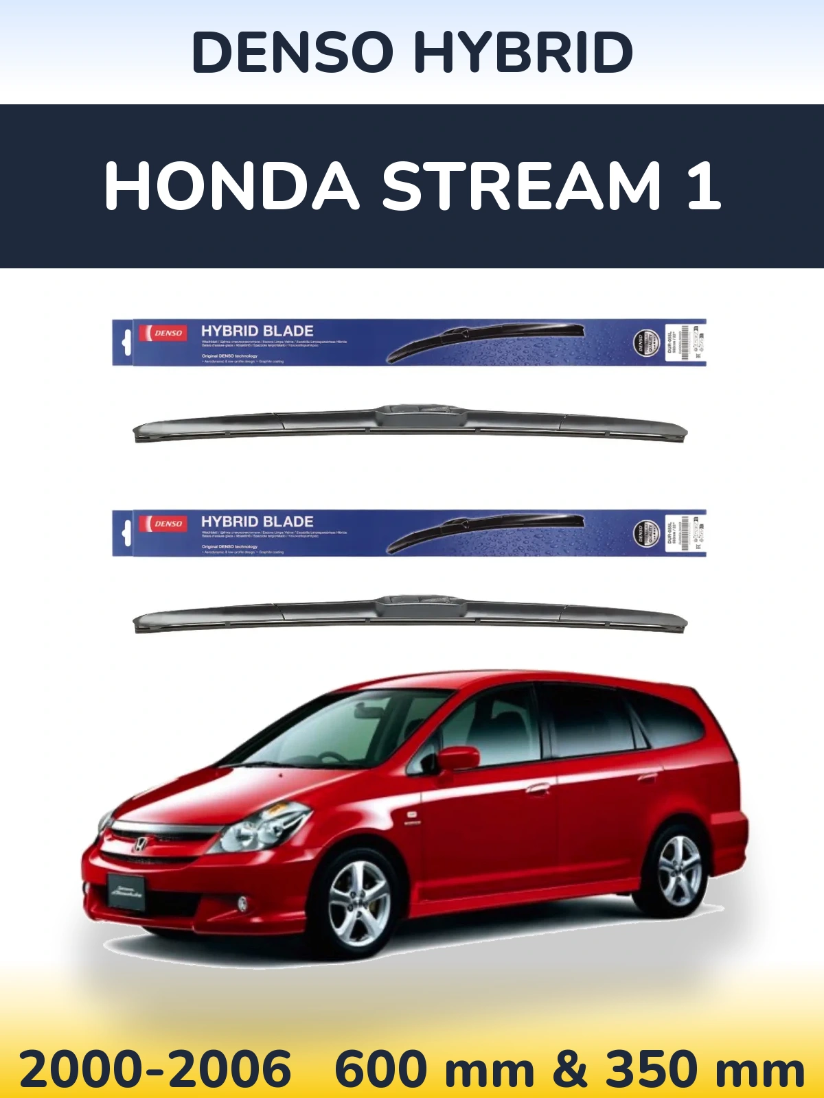 Sada předních stěračů Denso Hybrid 600 a 350 mm pro Honda Stream 1 2000-2006